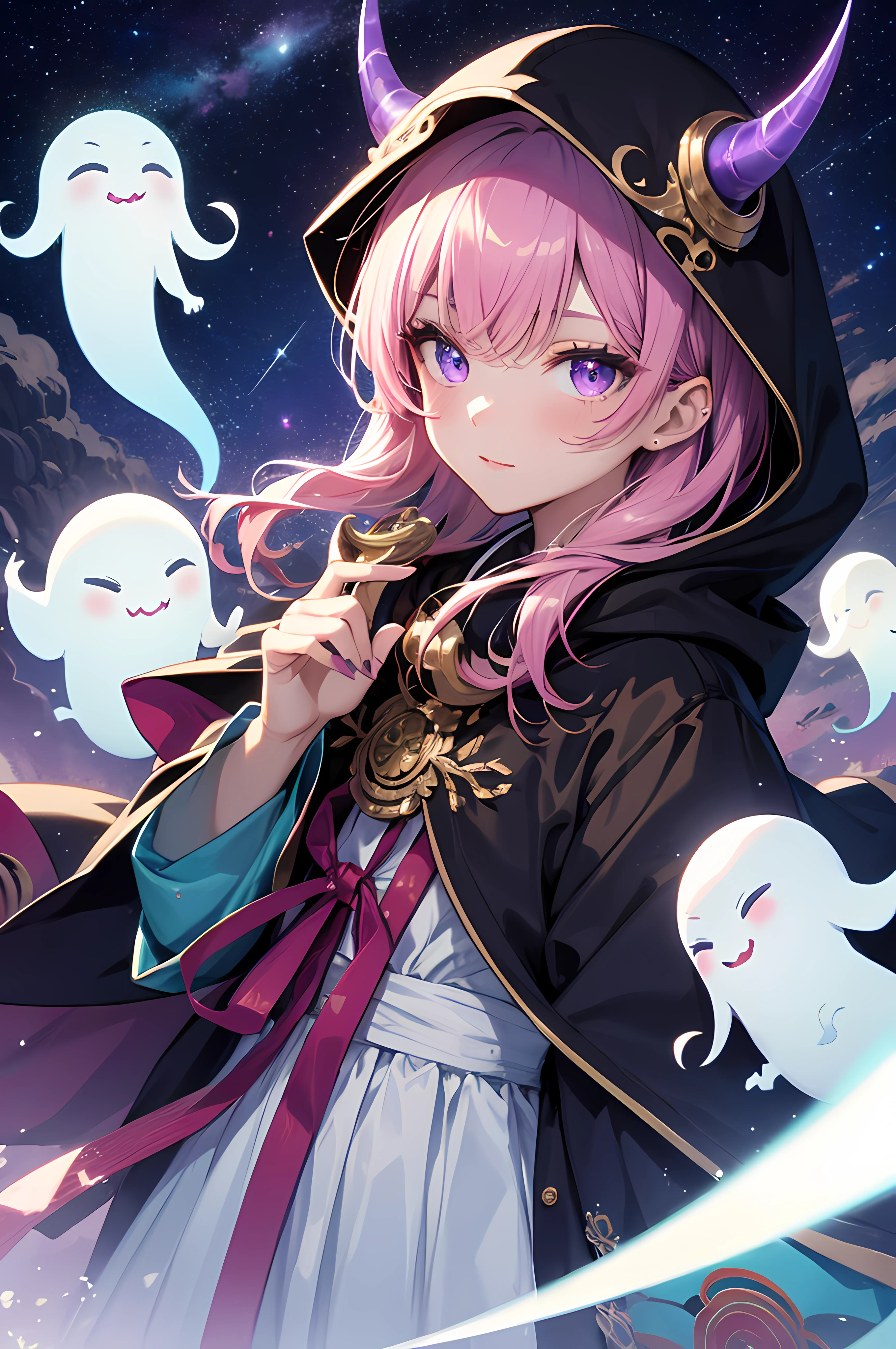 Pink hair, Purple eyeballs, Purple gemstone eyes, Cute ghost girl, Two horns grow on the head, a hood on part of head, ninjartist, Japanese style, Ancient Japan, natta, with the sky full of stars, Armed with a short sword, shadowing, Depth of field, hyper HD, Masterpiece, Textured skin, High details, High quality, 16k