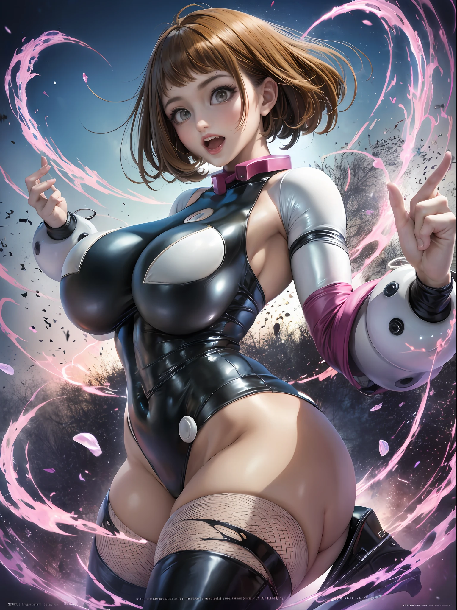 Photorealistic, Show from the hips to the shoulders, girl,Woman,Female, 年轻, 20 years old, beautiful detailed cold face, Seductive smile, beatiful detailed eyes, Log Cabage,bright skin, White skin, highleg, The specifics of the absurd, High Art, Ridiculous resolution, High resolution, (masutepiece:1.4), super detailed, 1 Awkward Girl, Smooth skin, shiny milky skin, Colossal tits, Big ass , venusbody, thick juicy thighs, 鎖骨, Cleavage Closed mouth, Cute face,Abs,( Muscular woman), 1girl in, Solo, masutepiece, Best Quality, hight resolution, hmochako, blush stickers, Short hair, medium breasts, Superhero, body suit, long boots, jump, Bound, Magic, Smile, Open mouth, skyporn, cloud, Huge magic, Huge ass, Pink body suit, White boots, Brown hair, (Torn clothes:1.2),