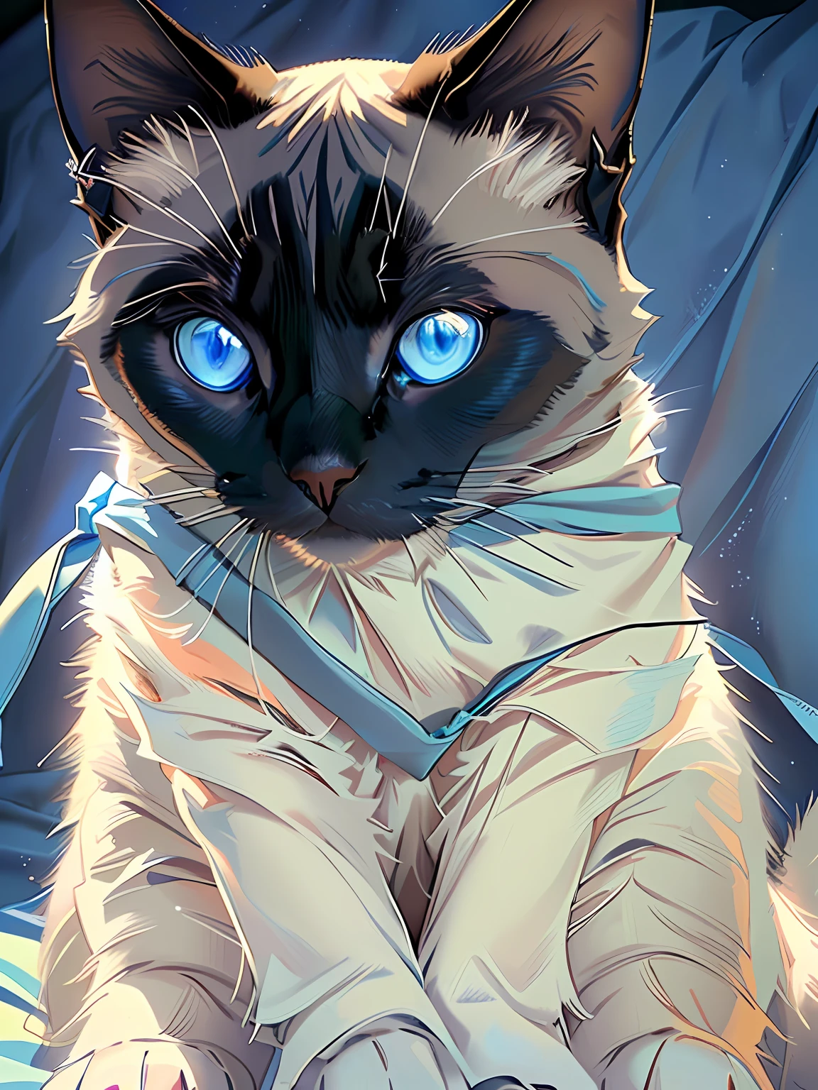 Alafi sat on the sofa,Holding a blue blanket and a blue blanket, aesthetic siamese cat, small blue eyes, pale blue color eyes!, photo of a cat, looks surprised, has two adorable blue eyes, sfv, Blue eyes!, taken in the early 2020s, taken with sony alpha 9, it has a piercing gaze, Blue eyes!!,