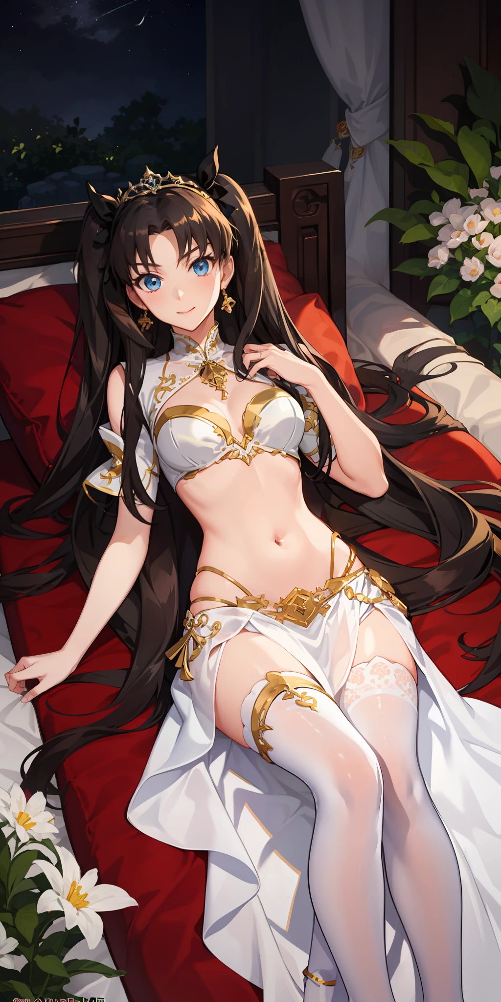 long hair, black hair, medium breast, slim legs, happy, white gown, cleavage, arabian belly dancer , skirt, rin tohsaka, twin tail, navel, garden, night, blue eyes, tiara, lying down, thigh high socks