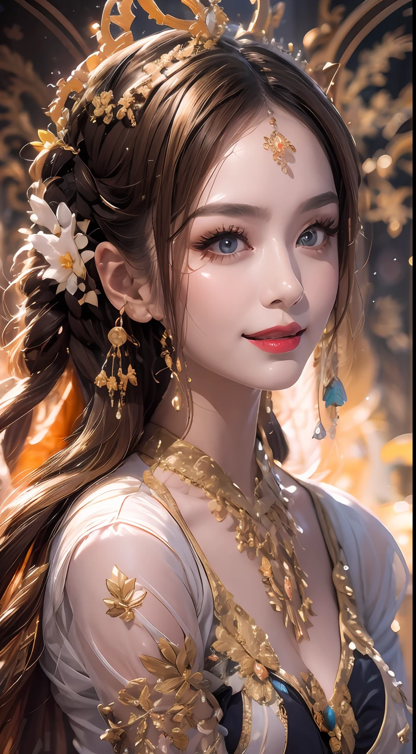 Portrait of a 27-year-old saint,Charming adult saint in a long dress made of thin silk, beautiful saint with an old face, adult, wearing a thin multicolored silk dress, beautiful face without blemishes, (((Natural smile:1.3))), ((flat bangs:0.5)), (((platinum long hair:0.5))), big crown, hair brooch, hanfu dress, chinese ancient style, full body jewelry, forehead tattoo, super even chest, face, innocent face, The most beautiful and detailed light red lipstick, ((Thin plump lips:0.3)), ((Golden Eyes color:0.6)), beautiful hands:((0.6)), ((hand full of 5 fingers:0.8)), Detailed and delicate lighting effects, light and dark, dramatic lighting, magical light, extremely detailed light, true color, super sharp, realistic, 8k quality, fantasy universe background, saints and magical space, the most detailed images, ((Solo:0.3)), ((a saintess:0.6)), ((looking directly at the saint's upper body:0.4)), ((smooth skin:0.5)), ((the holy woman's veil:0.6)), ((solo:0.5)), ((alone girl:0.4)),