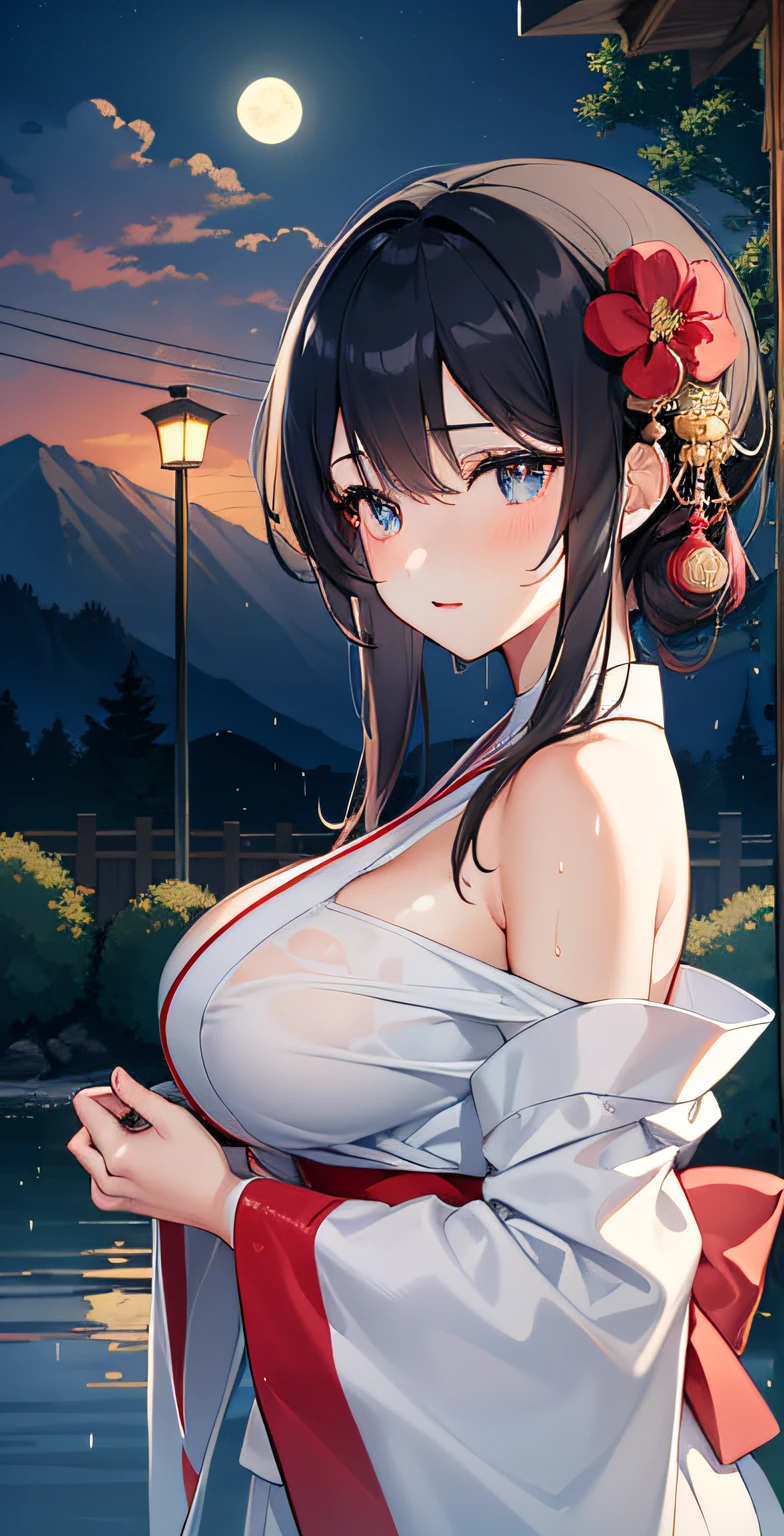 1girl, breasts, moon, lantern, night, solo, large breasts, hair ornament, wet, kimono, japanese clothes, wading, water, hair flower, flower, outdoors, sky, full moon, rain, black hair, off shoulder, mountain, cloud, holding, sash, bare shoulders, paper lantern, standing, white kimono, night sky, sideboob, obi, wet clothes, bangs, tree, from side, reflection, short hair, cloudy sky, wet hair (((masterpiece),(extremely detailed CG unity 8k wallpaper),best quality,,solo,1girl,cinematic lighting,detailed background,beautiful detailed eyes,bright pupils, (an extremely delicate and beautiful),(Beautiful and detailed eye description)， ultra-detailed,masterpiece,)),