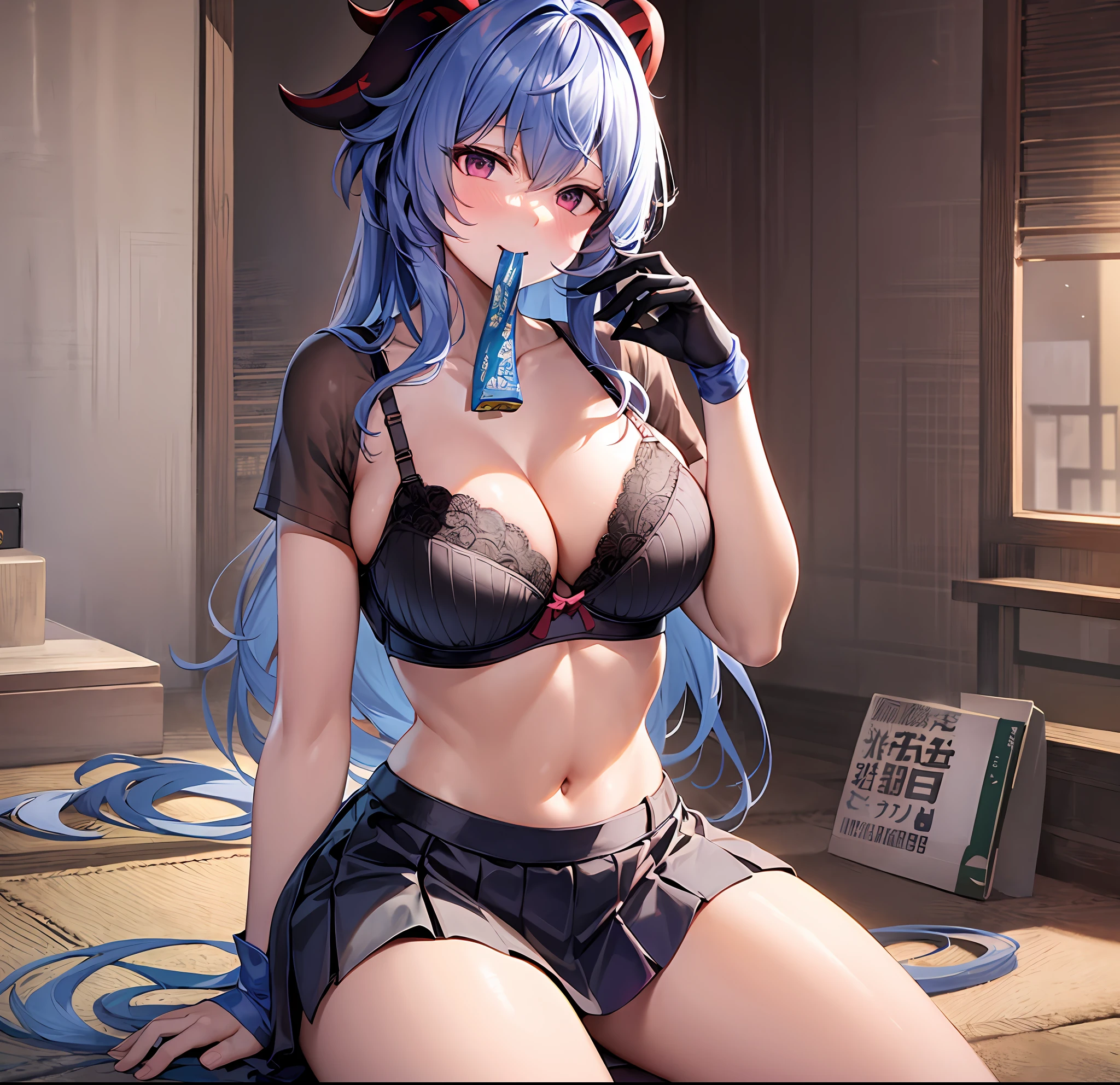 1Ganyu, large breasts,clothes in mouth, cleavage, navel, t-shirt, ((bra)),clothes lift, shirt in mouth, skirt, lying, full Body,sexy body,sitting