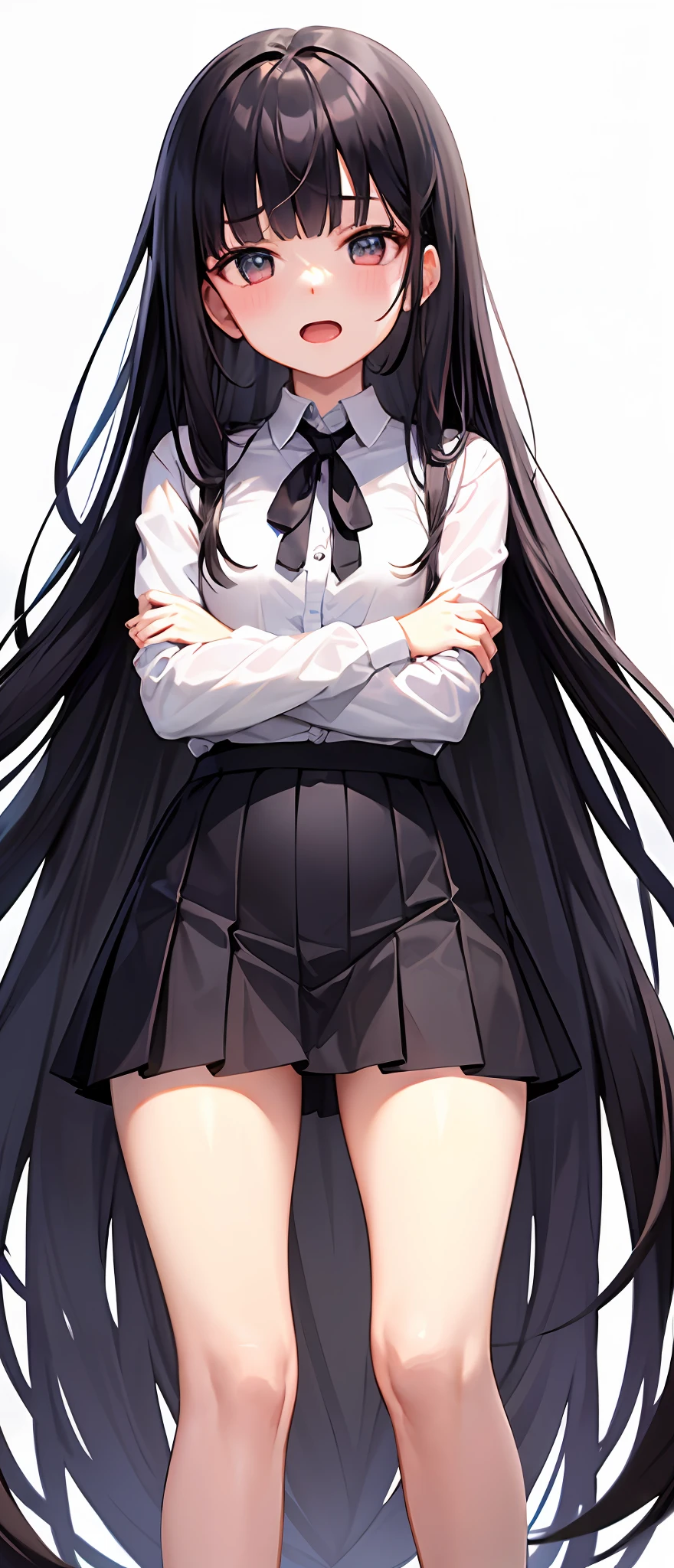best quality,masterpiece,white background,white shirt,pleated skirt,whole body,Fair skin,blunt bangs,gladient hair,loosen clothing around the neck,folding arms,4 fingers,spreading legs,look down on,standing up,extremely long hair,spreading hair,open mouth laugh