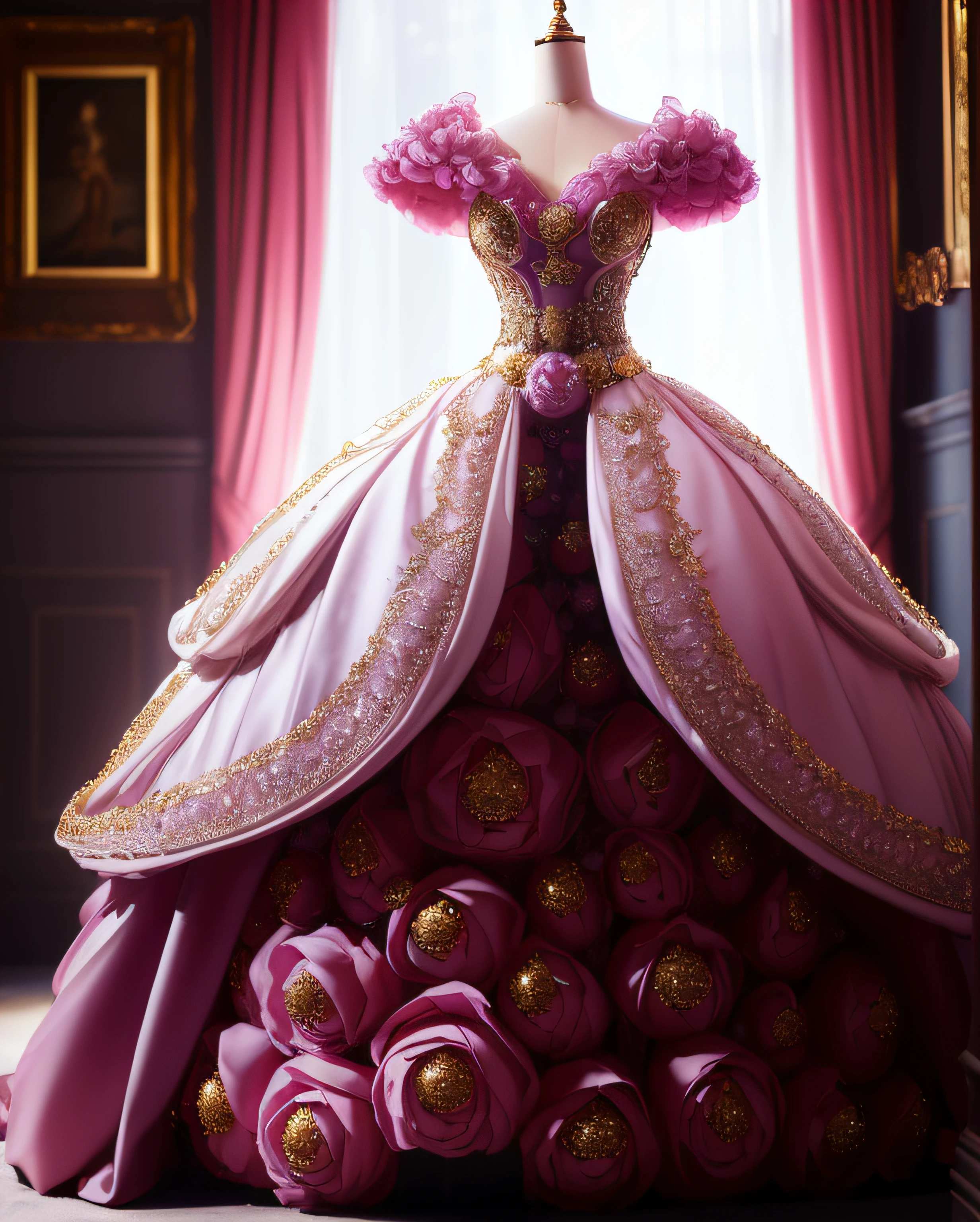 a hyper realistic photograph of a girl standing wearing a majestic light beige and gold ball gown dress, big beautiful dress, intricate puffy ball gown with lots of ruffles and rhinestones (Best quality, masterpiece, ArtStation, Fantasy Art:1.2), a palace room, a beautiful cute girl, (long white hair:1.1), (intricate short gold skirt, bare legs:1.2, full body shot)