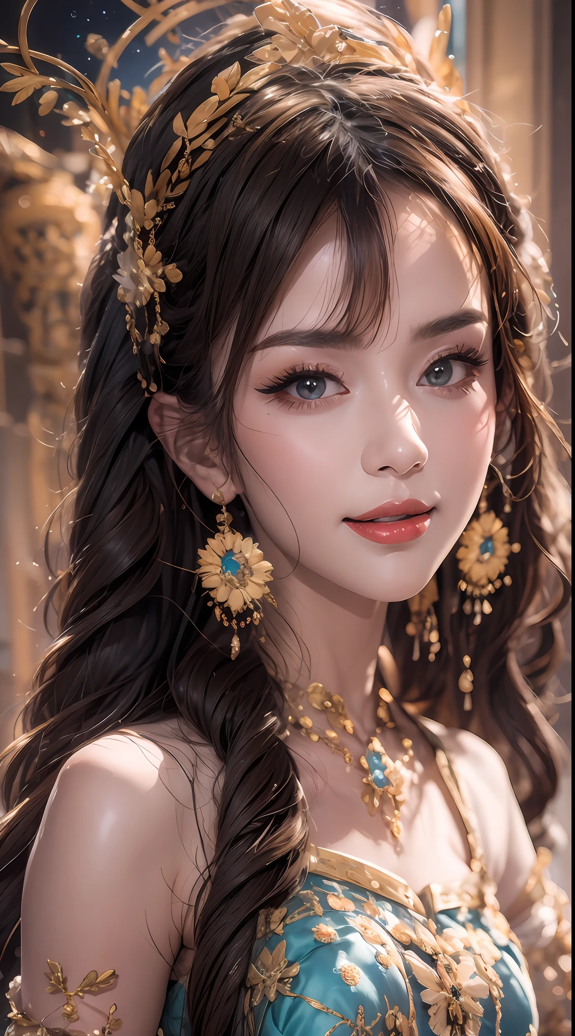 Portrait of a 27-year-old saint,Charming adult saint in a long dress made of thin silk, beautiful saint with an old face, adult, wearing a thin multicolored silk dress, beautiful face without blemishes, (((Natural smile:1.3))), ((flat bangs:0.5)), (((platinum long hair:0.5))), big crown, hair brooch, hanfu dress, chinese ancient style, full body jewelry, forehead tattoo, super even chest, face, innocent face, The most beautiful and detailed light red lipstick, ((Thin plump lips:0.3)), ((Golden Eyes color:0.6)), beautiful hands:((0.6)), ((hand full of 5 fingers:0.8)), Detailed and delicate lighting effects, light and dark, dramatic lighting, magical light, extremely detailed light, true color, super sharp, realistic, 8k quality, fantasy universe background, saints and magical space, the most detailed images, ((Solo:0.3)), ((a saintess:0.6)), ((looking directly at the saint's upper body:0.4)), ((smooth skin:0.5)), ((the holy woman's veil:0.6)), ((solo:0.5)), ((alone girl:0.4)),
