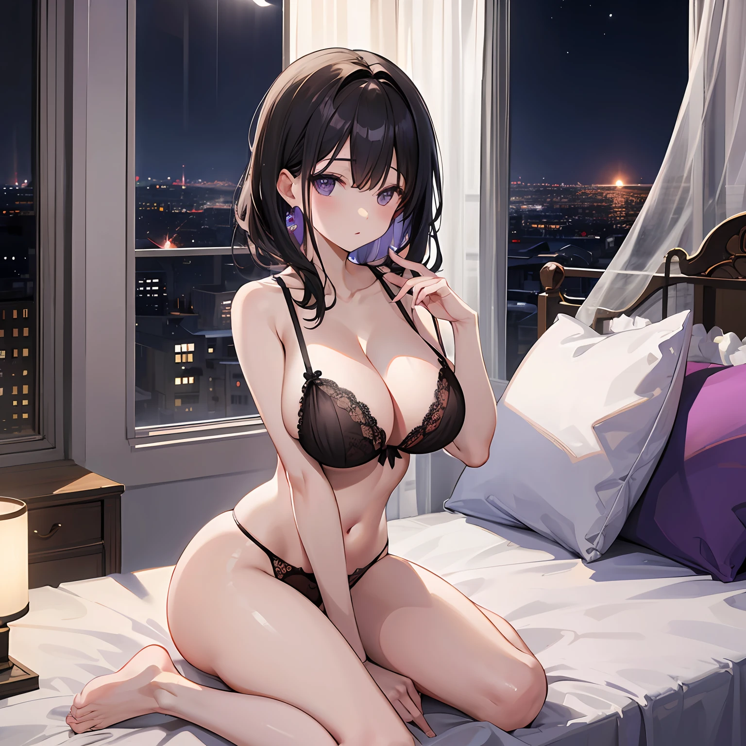 A dark-haired、huge tit、Masterpiece、high-level image quality、Official picture、soio、Bedrooms、Night view from the window、Purple lingerie