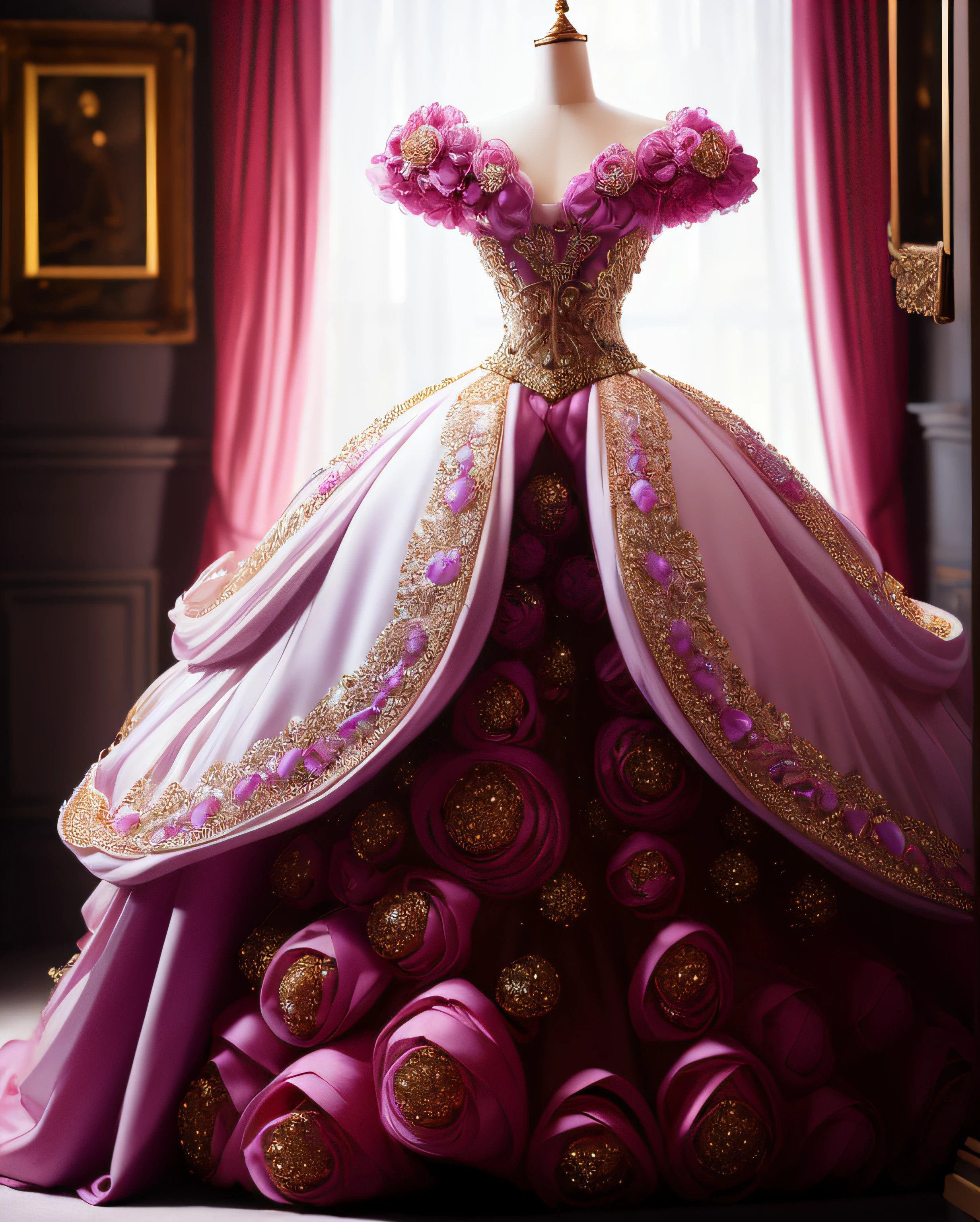 a hyper realistic photograph of a girl standing wearing a majestic light beige and gold ball gown dress, big beautiful dress, intricate puffy ball gown with lots of ruffles and rhinestones (Best quality, masterpiece, ArtStation, Fantasy Art:1.2), a palace room, a beautiful cute girl, (long white hair:1.1), (intricate short gold skirt, bare legs:1.2, full body shot)
