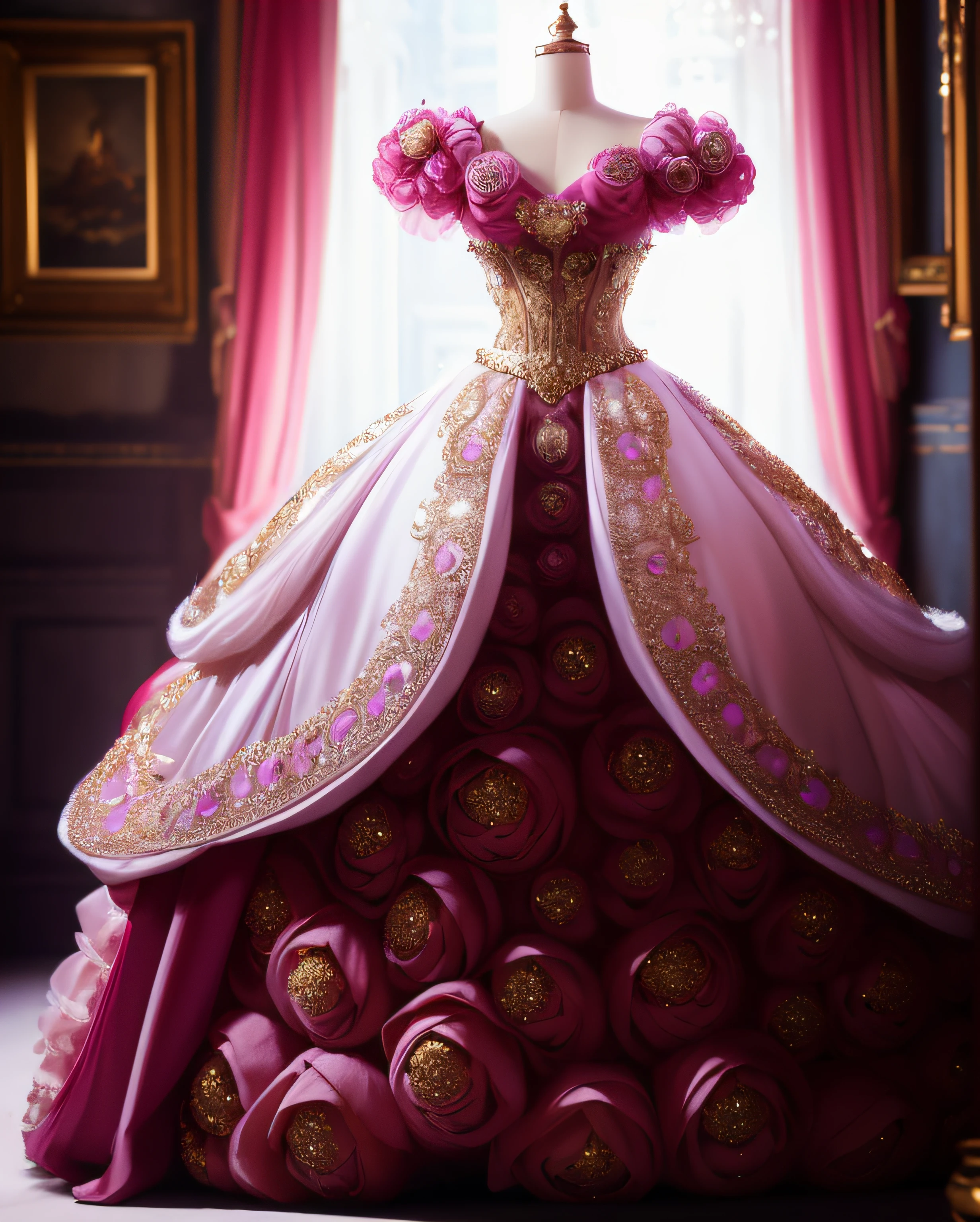 a hyper realistic photograph of a girl standing wearing a majestic light beige and gold ball gown dress, big beautiful dress, intricate puffy ball gown with lots of ruffles and rhinestones (Best quality, masterpiece, ArtStation, Fantasy Art:1.2), a palace room, a beautiful cute girl, (long white hair:1.1), (intricate short gold skirt, bare legs:1.2, full body shot)
