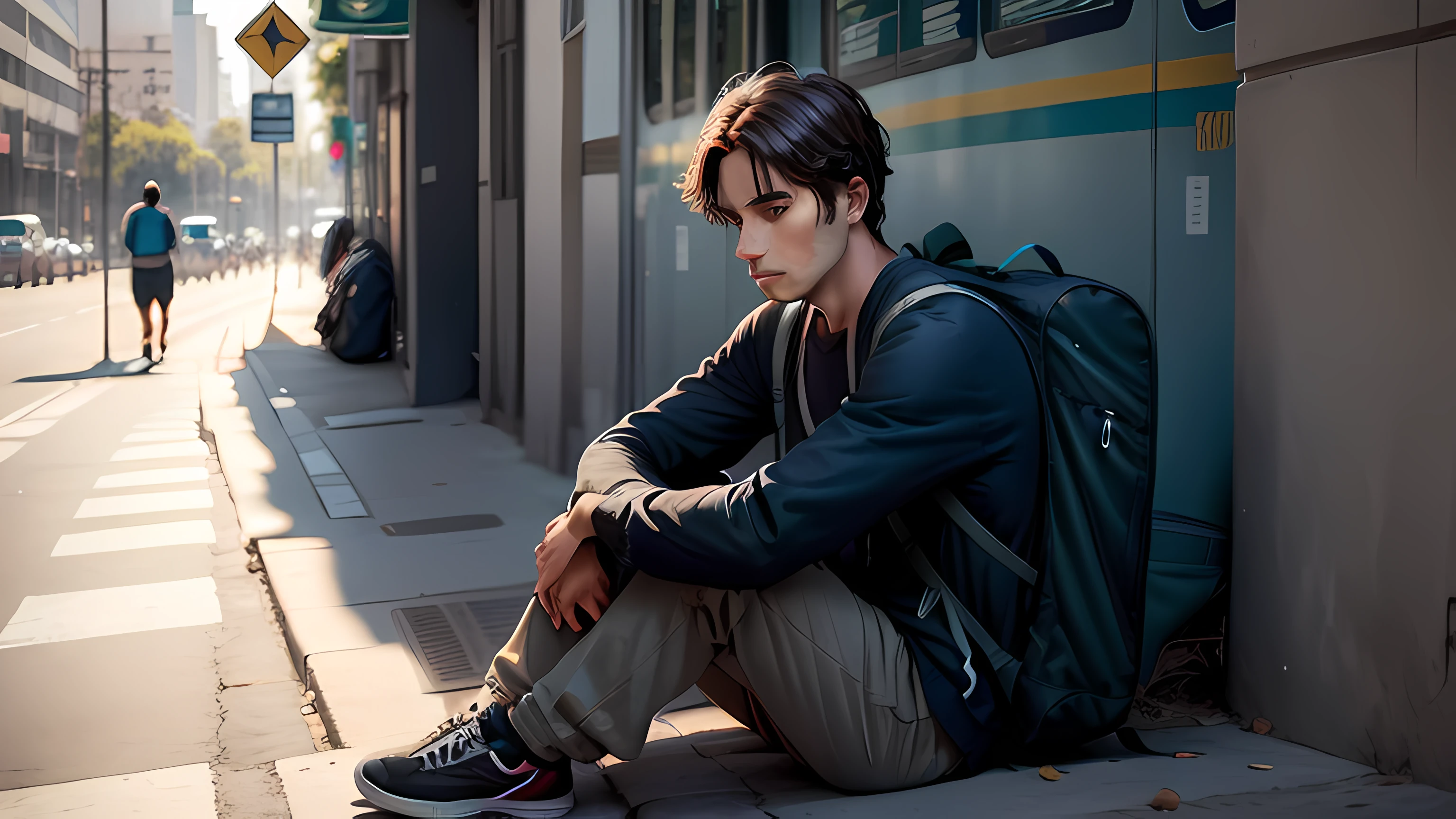 imagem de alta qualidade, Melancholic man wearing backpack sitting on the street, esperando onibus, dia