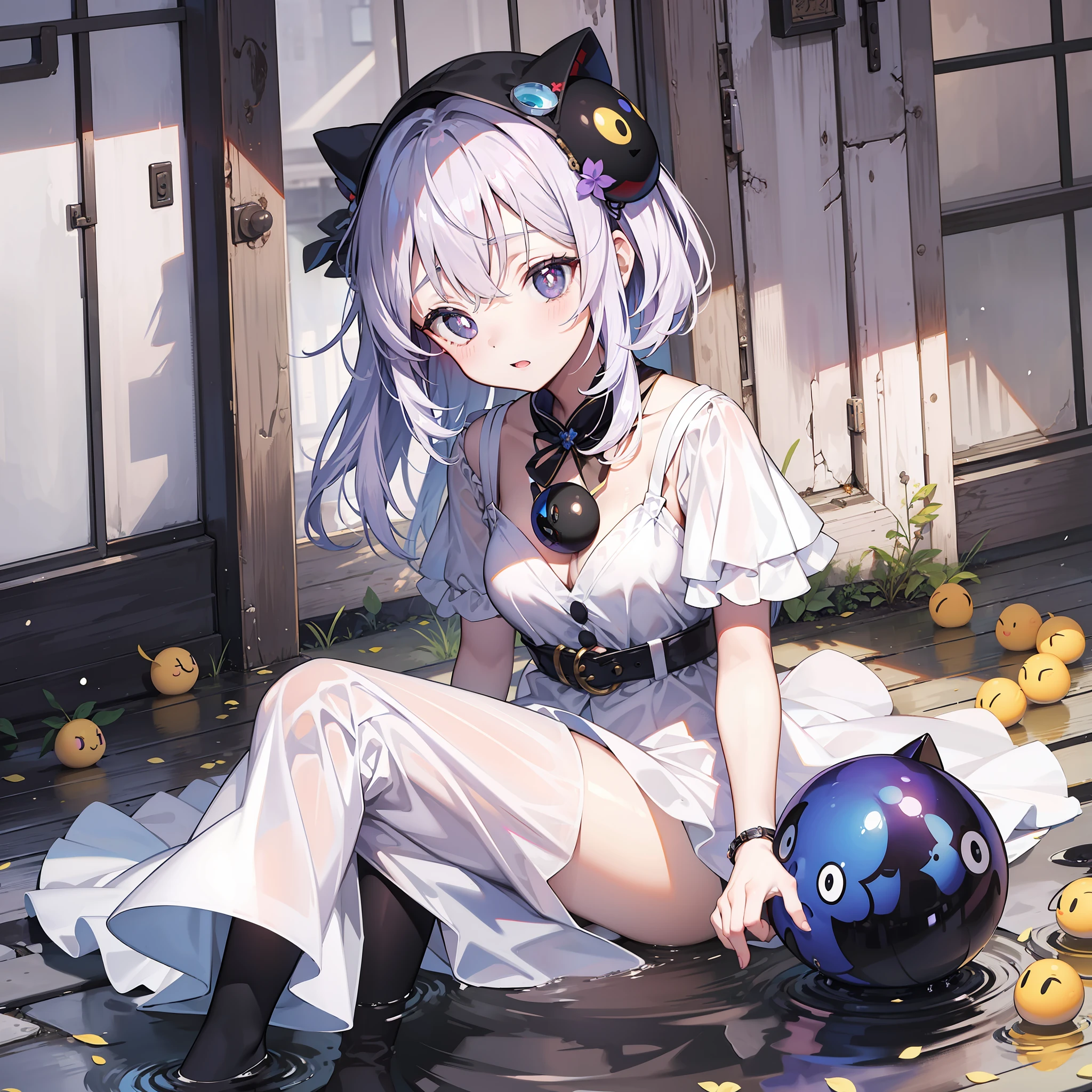 1人，chiquita，Black ball head，Purple pupils，White dress，adolable，adorable expression。