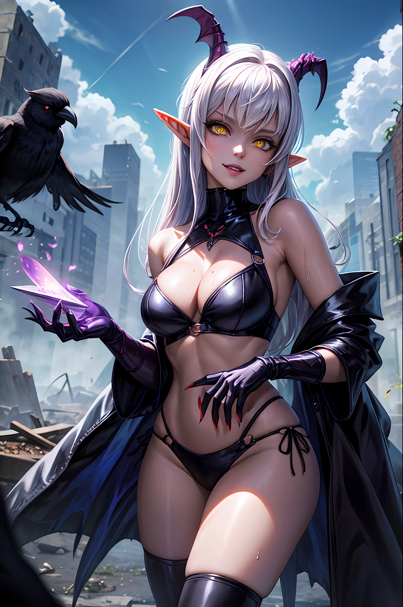 A seductive female demon with elf ears and demon horns in an abandoned city in the middle of the novoeiri with crows and trees, Um rosto maduro e adulto com um olhar frio e maligno com um sorriso preverso para os espectadores com dentes de vampiro, e corpo volumoso com seios e busto enormes, Cabelos prateados com mechas roxas ,(purple and yellow demonic eyes), ((Heterocromia)), olhos brilhantes, Destroyed and wet peasant clothes, unhas grandes longas e pontiagudas, Moda realista, sysie high definition details, fotografia, perspicacity, unique 850 4, Koda850 k portrait camera, Primavera F1.6, cores ricas, Textura super realista, textura de luz espetacular, arte surreal, Cinestil 800 mecanismo de moda,