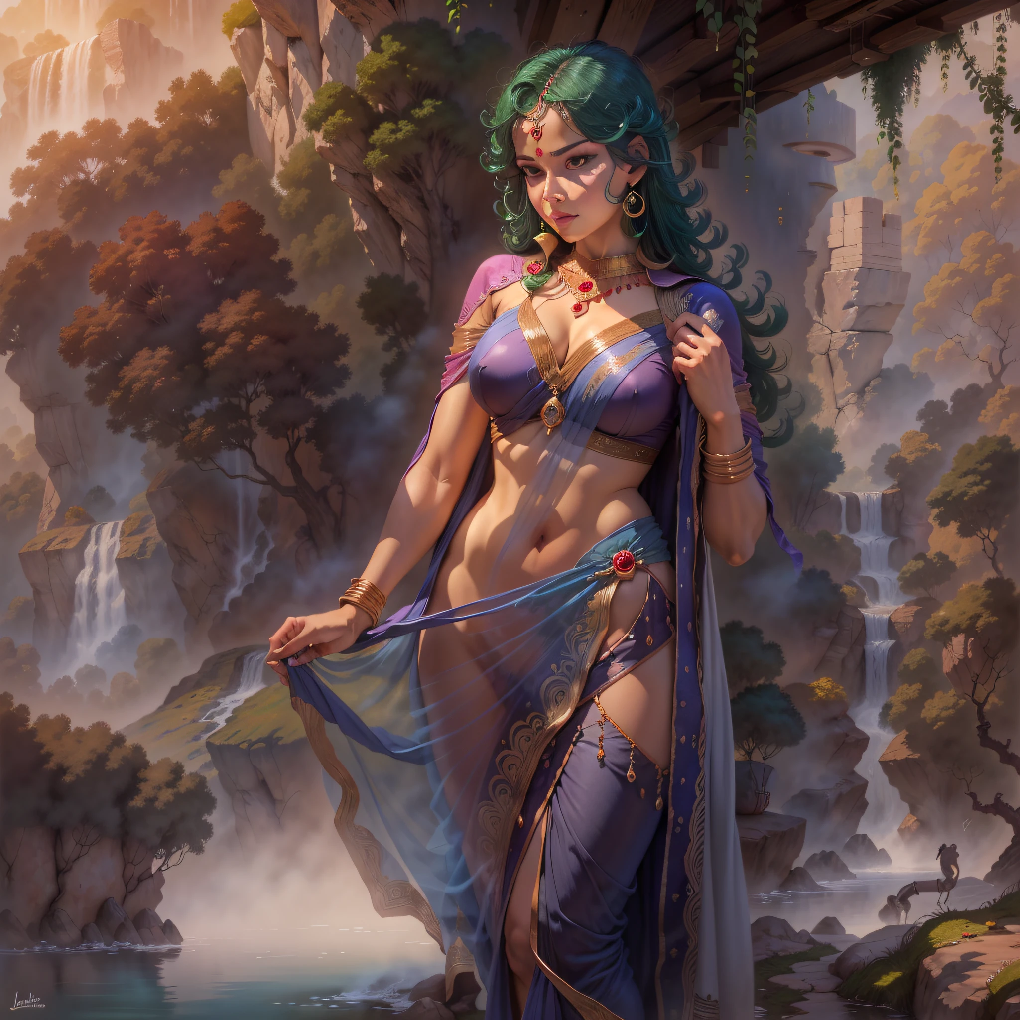 ((realistic:1.5)),((best quality)), ((masterpiece)),((detailed)), (1girl), {a beautiful female wearing a Sari}, (upper body:1.3),super-wide-angle lens,face focus, mature,sexy,toned muscles,long legs,curvy, barefoot, medium breasts, open cleavage, drooping breasts, thick thighs,wide hips, thin legs, green eyes,long black hair,floting hair,long eyelashes, (detailed face,beautiful eye, detailed pupilss,detailed clothes features, clear background:1.3), (Bindi,Jhumkas:1.3), (Armlet, Haar, Payal,Maang Tikka,Jhumkas,Kamarband,Bangles:1.3), mysterious ancient ruin, lush forests, deep canyons,bridge,river,cliff,cloud, lakes,rock,waterfalls, flowers, grass, fog,vine,tree, smoke, best shadow,bright details,sharp,perfect composistion, Intricate, Sharp focus, dramatic, by Frank Frazetta,by Julie Bell,by Olivia De Berardinis,by Luis Royo,by boris vallejo, (specular lighting:1.3),rim light, princesses, royal skimpy underwear, hugging and touching each other, teasing her friend's waist, gasping friend, biting her friend's ear lobe, squatting