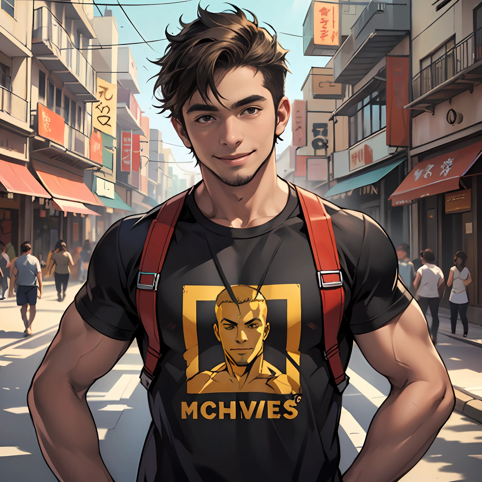 camiseta color negro con dorado camiseta ajustada al cuertpo ultra realista, 16-year-old boy with brown cinnamon skin, cuerpo atletico tonificado cabello liso,masculino serio pensativo observador tiene el dorso desnudo camiseta negra ajustada al cuerpo sin estampado ni dibujos caminando, sonriendo por las calles de una moderna ciudad un amigo cernaco se acerca por atras y lo abraza