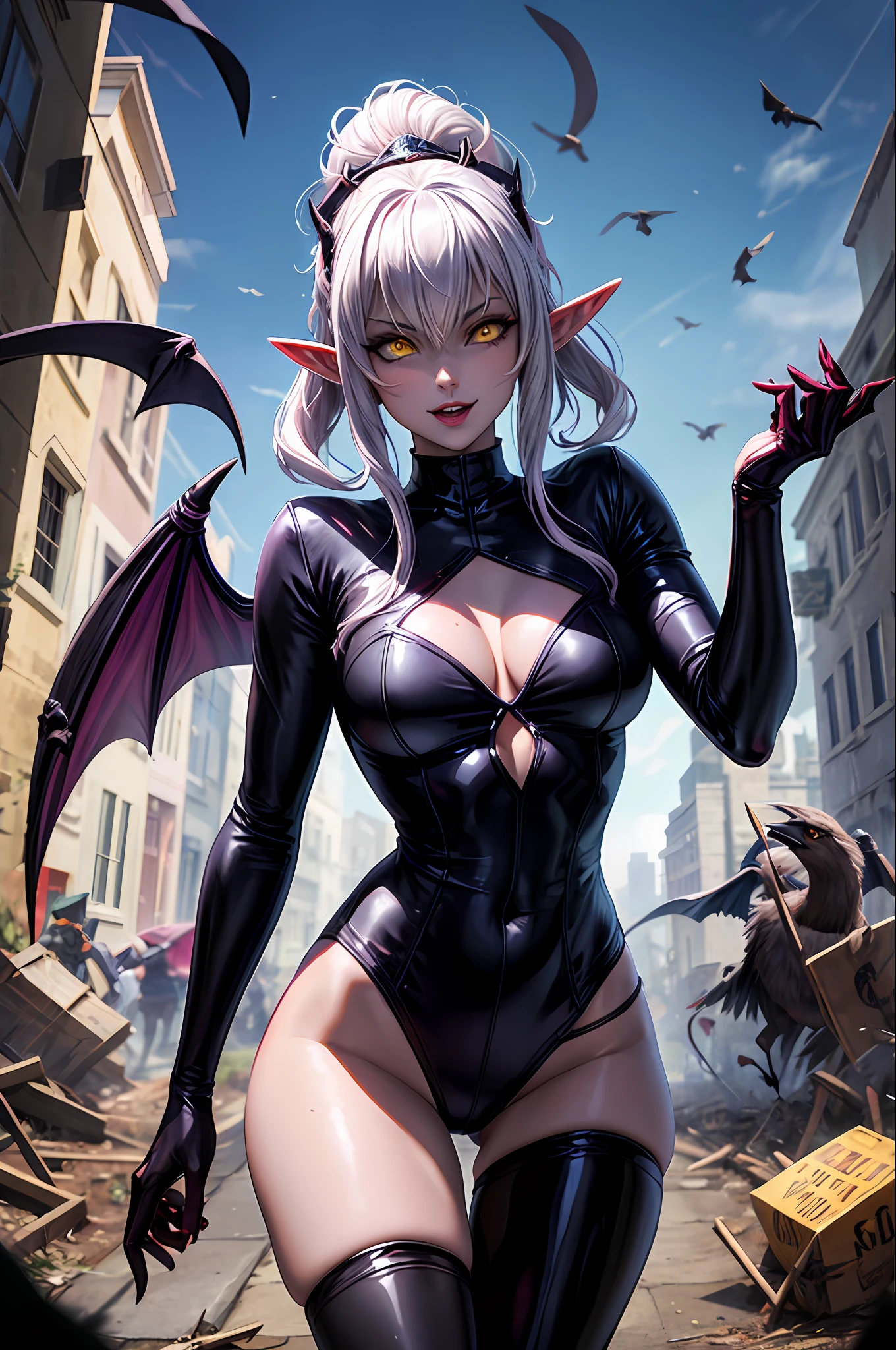 A seductive female demon with elf ears and demon horns in an abandoned city in the middle of the novoeiri with crows and trees, Um rosto maduro e adulto com um olhar frio e maligno com um sorriso preverso para os espectadores com dentes de vampiro, e corpo volumoso com seios e busto enormes, Cabelos prateados com mechas roxas ,(purple and yellow demonic eyes), ((Heterocromia)), olhos brilhantes, Destroyed and wet peasant clothes, unhas grandes longas e pontiagudas, Moda realista, sysie high definition details, fotografia, perspicacity, unique 850 4, Koda850 k portrait camera, Primavera F1.6, cores ricas, Textura super realista, textura de luz espetacular, arte surreal, Cinestil 800 mecanismo de moda,