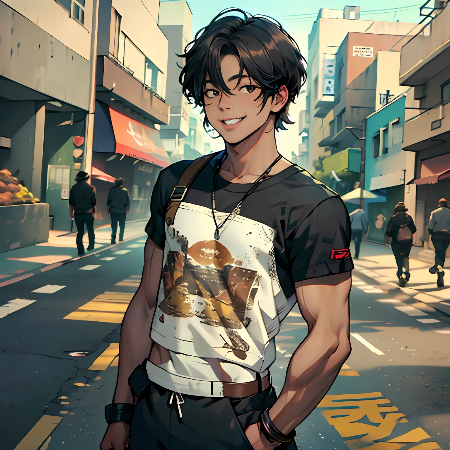 camiseta color negro con dorado camiseta ajustada al cuertpo ultra realista, 16-year-old boy with brown cinnamon skin, cuerpo atletico tonificado cabello liso,masculino serio pensativo observador tiene el dorso desnudo camiseta negra ajustada al cuerpo sin estampado ni dibujos caminando, sonriendo  por las calles de una moderna ciudad un amigo cernaco se acerca por atras y lo abraza