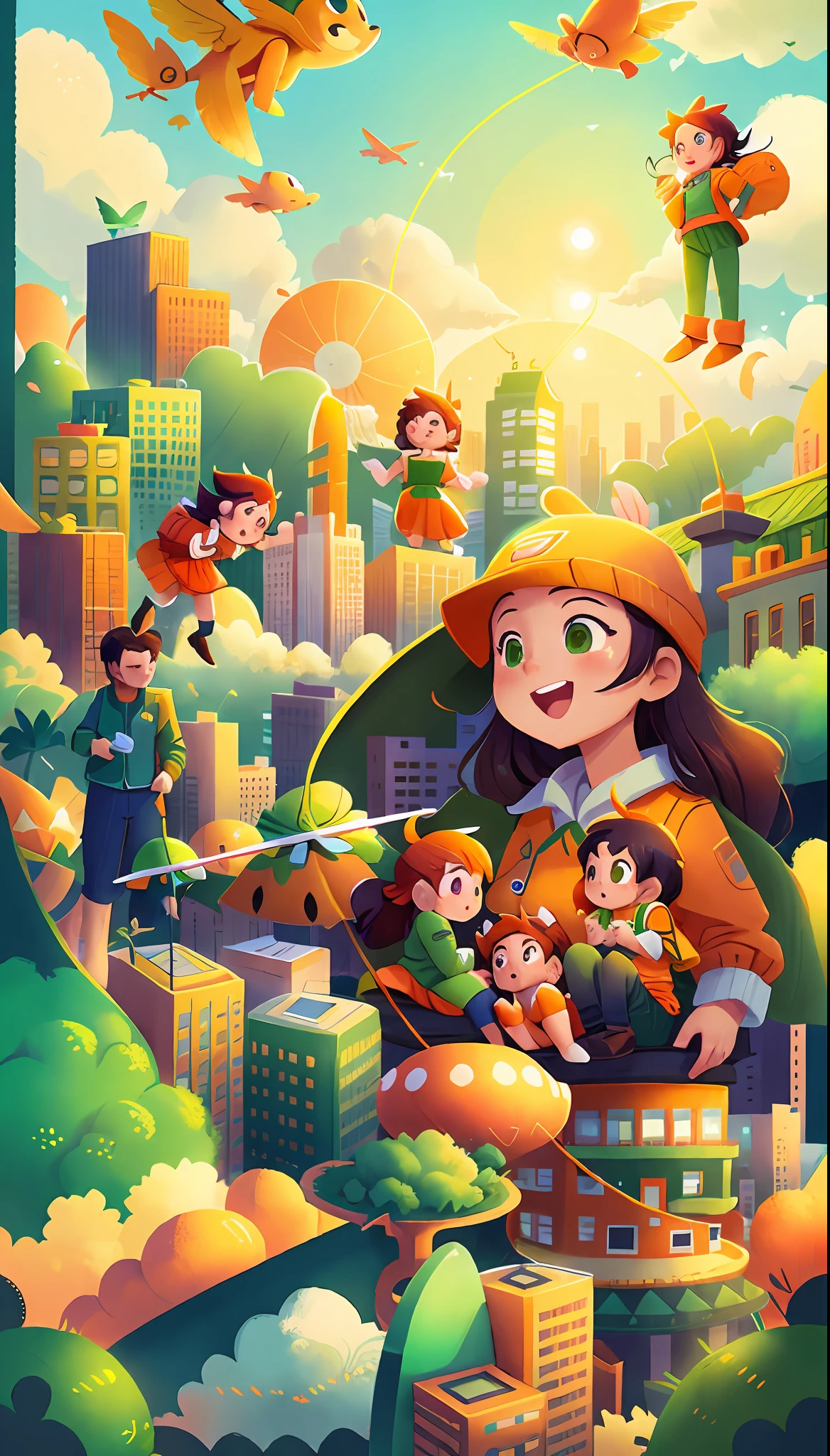 A city with many people flying in the sky,Orange and green color scheme,Cheerful and bright。