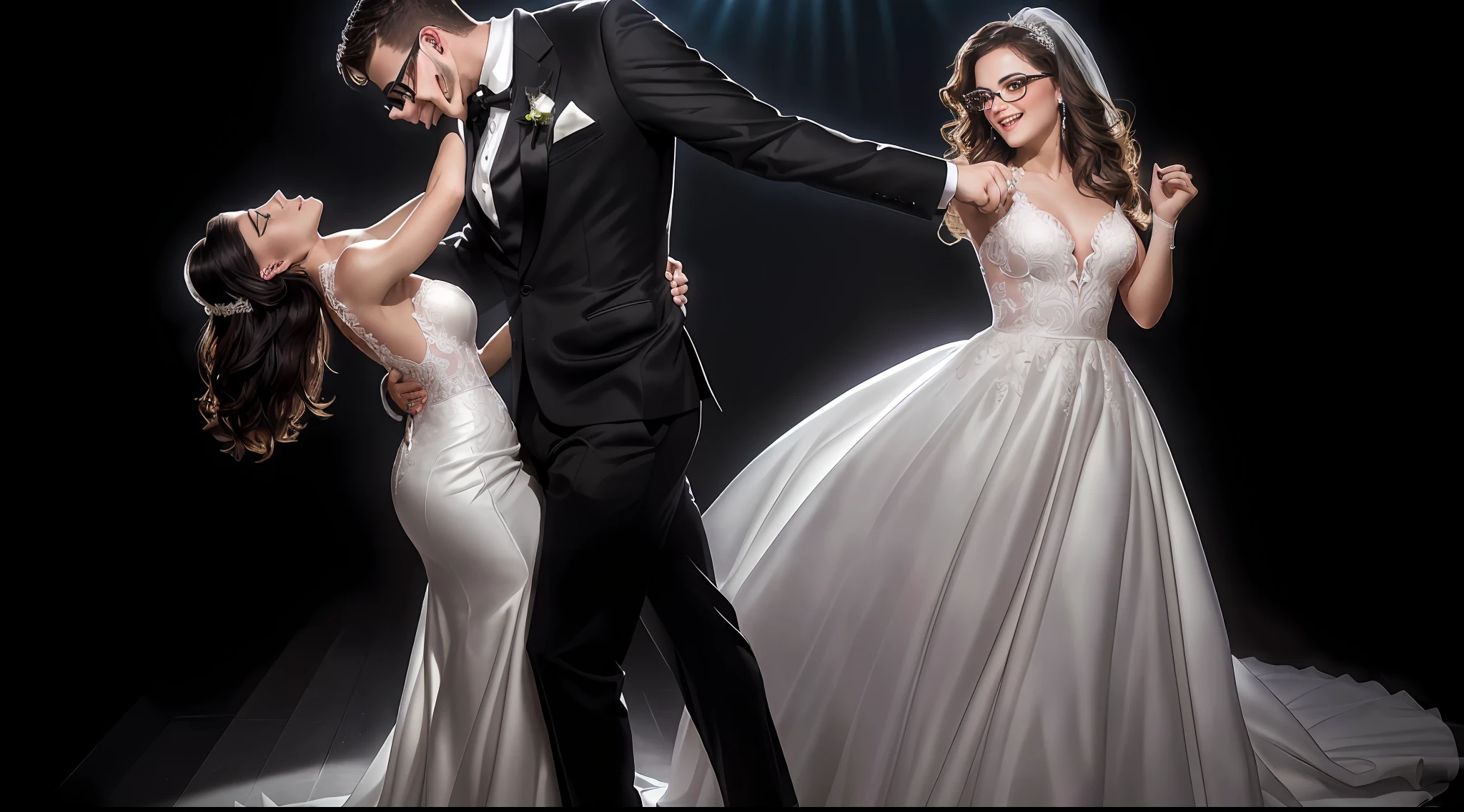 portrait of a award winning photo of bride and groom dancing in a dark studio, ((young couple)), bride and groom, couple dancing, ((groom wearing glasses, Business Suit, black shirt, black tie)), dancing with each other, wedding photo, dancing elegantly over you, ((bride wearing y wedding short dress)), SWSD, dancing in the studio, depth of field, high quality, highres, absurdres, masterpiece, dim light, rim light, spotlight, backlighting, high contrast, photorealistic, cinematic lighting, high resolution, dark background, black background, a studio Dark background, dramatic low lighting, wedding photography, doing an elegant pose, smiling and dancing