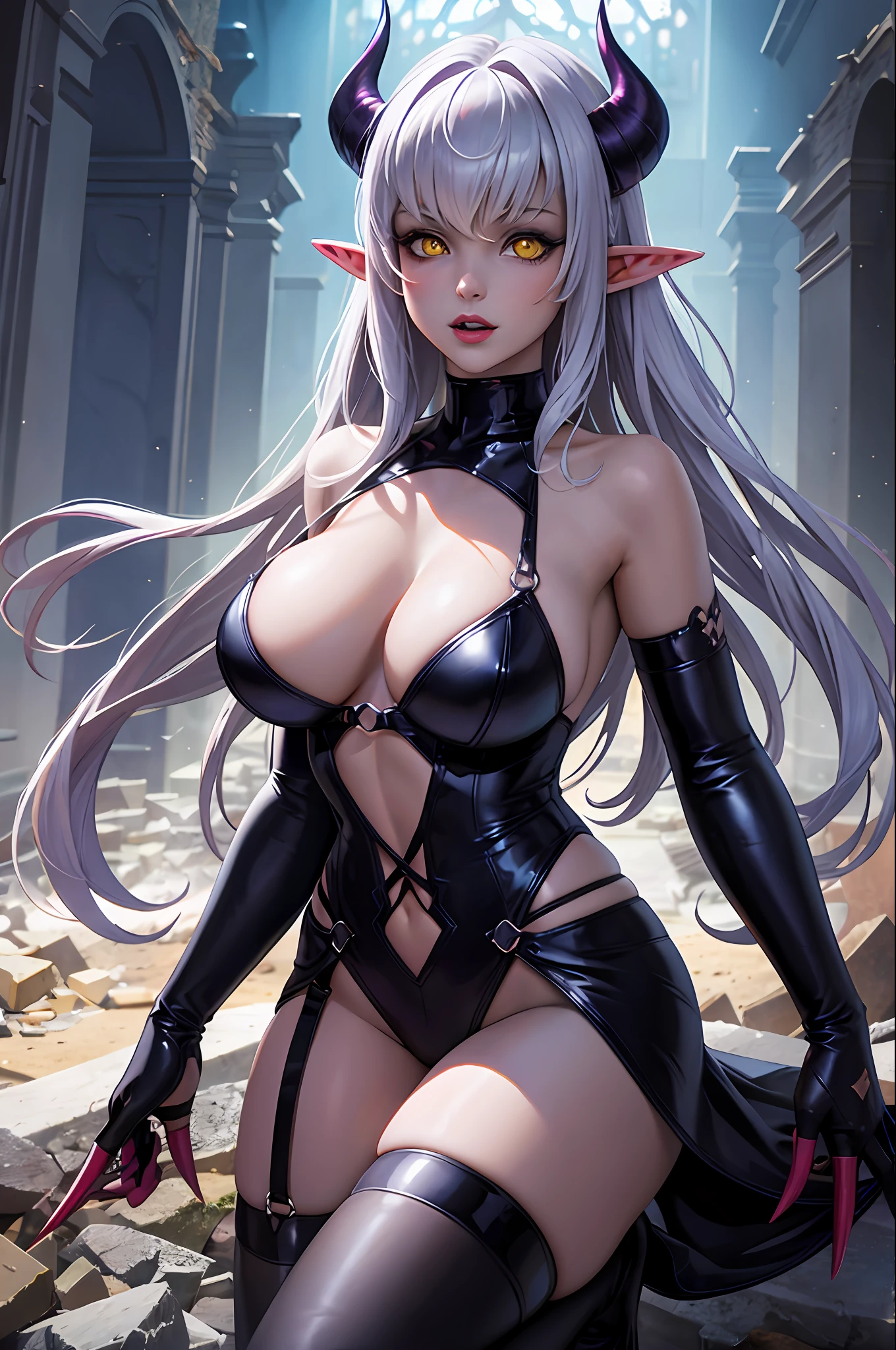 A female demon with elf ears and demon horns in a dirty and destroyed abandoned cathedral, Um rosto maduro e adulto com um olhar frio e maligno para os espectadores com dentes de vampiro, e corpo volumoso com seios e busto enormes, Cabelos prateados com mechas roxas molhado ,(purple and yellow demonic eyes), ((Heterocromia)), olhos brilhantes, vestido de noiva volumoso longo e grande molhado, unhas grandes longas e pontiagudas, Moda realista, sysie high definition details, fotografia, perspicacity, unique 850 4, Koda850 k portrait camera, Primavera F1.6, cores ricas, Textura super realista, textura de luz espetacular, arte surreal, Cinestil 800 mecanismo de moda,