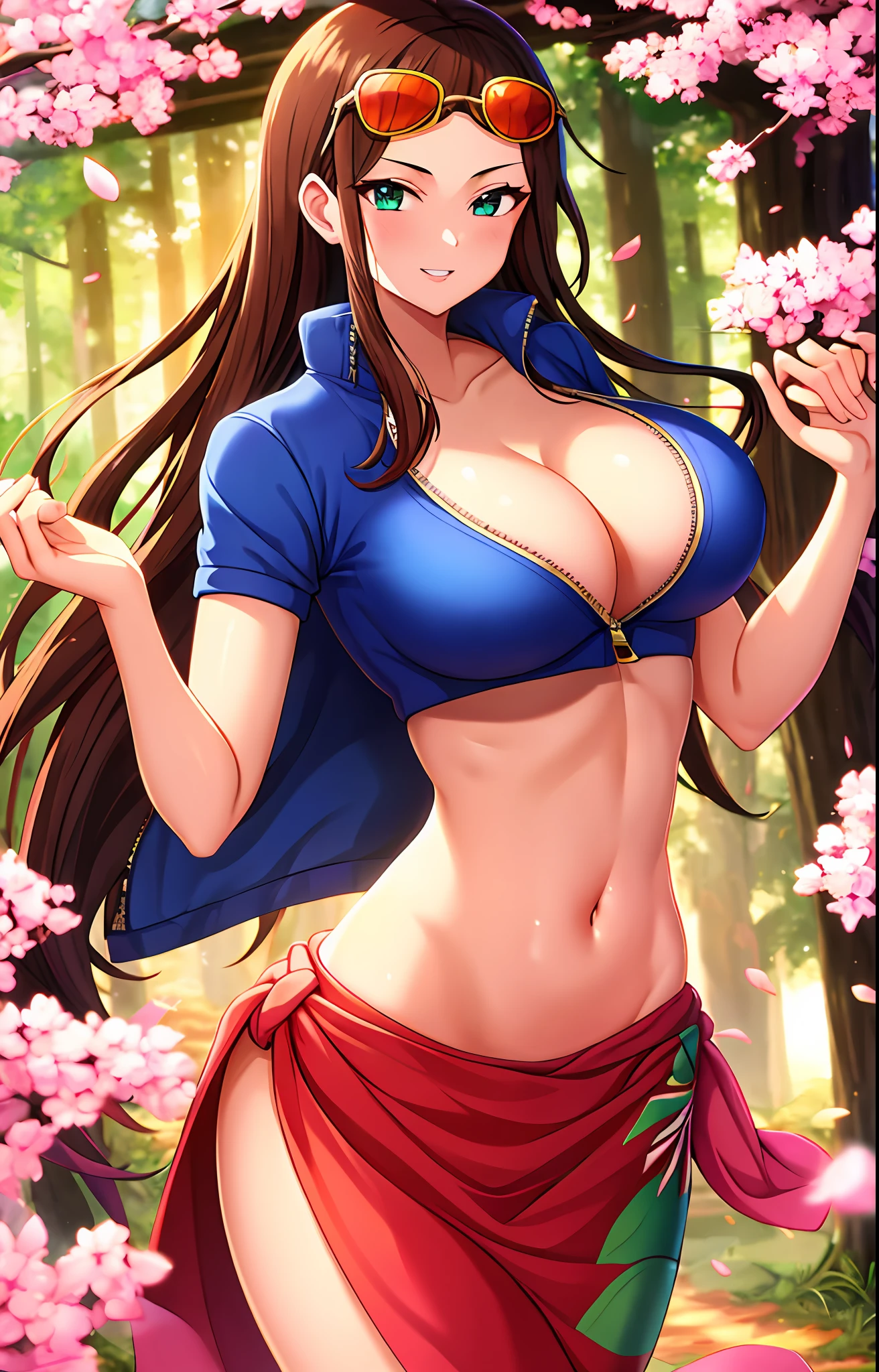 modern anime,masterpiece, best quality, 1girl, cave, nico robin,forest, shiny skin,large breasts, long hair, blue collared jacket, crop top, midriff, navel, sarong, eyewear on head, zipper, Partially unzipped, smiling, parted lips, cowboy shot, falling sakura leaves