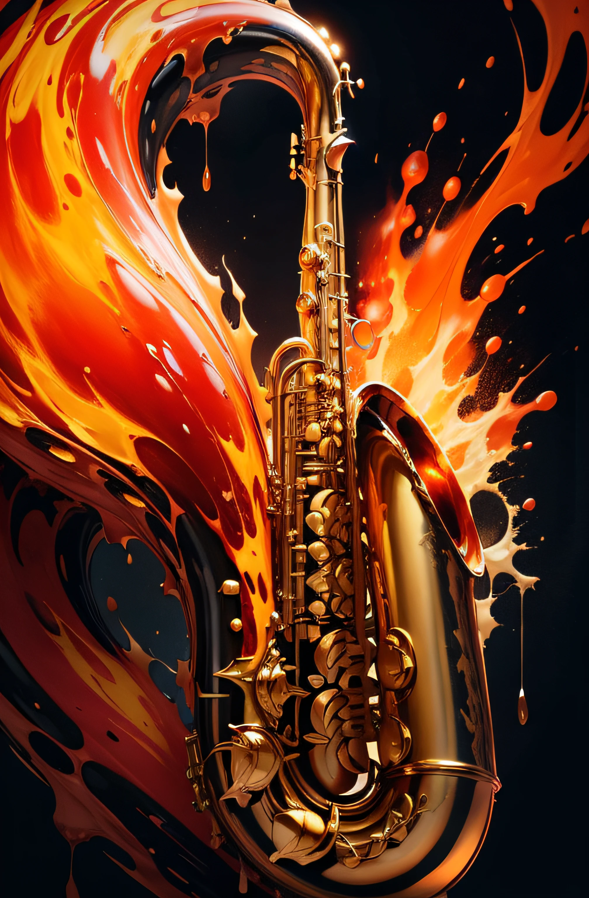 saxophone,super high-quality model, Background of flame burning, Abstract beauty, Explosive volume, oil painted, Heavy strokes, paint drips