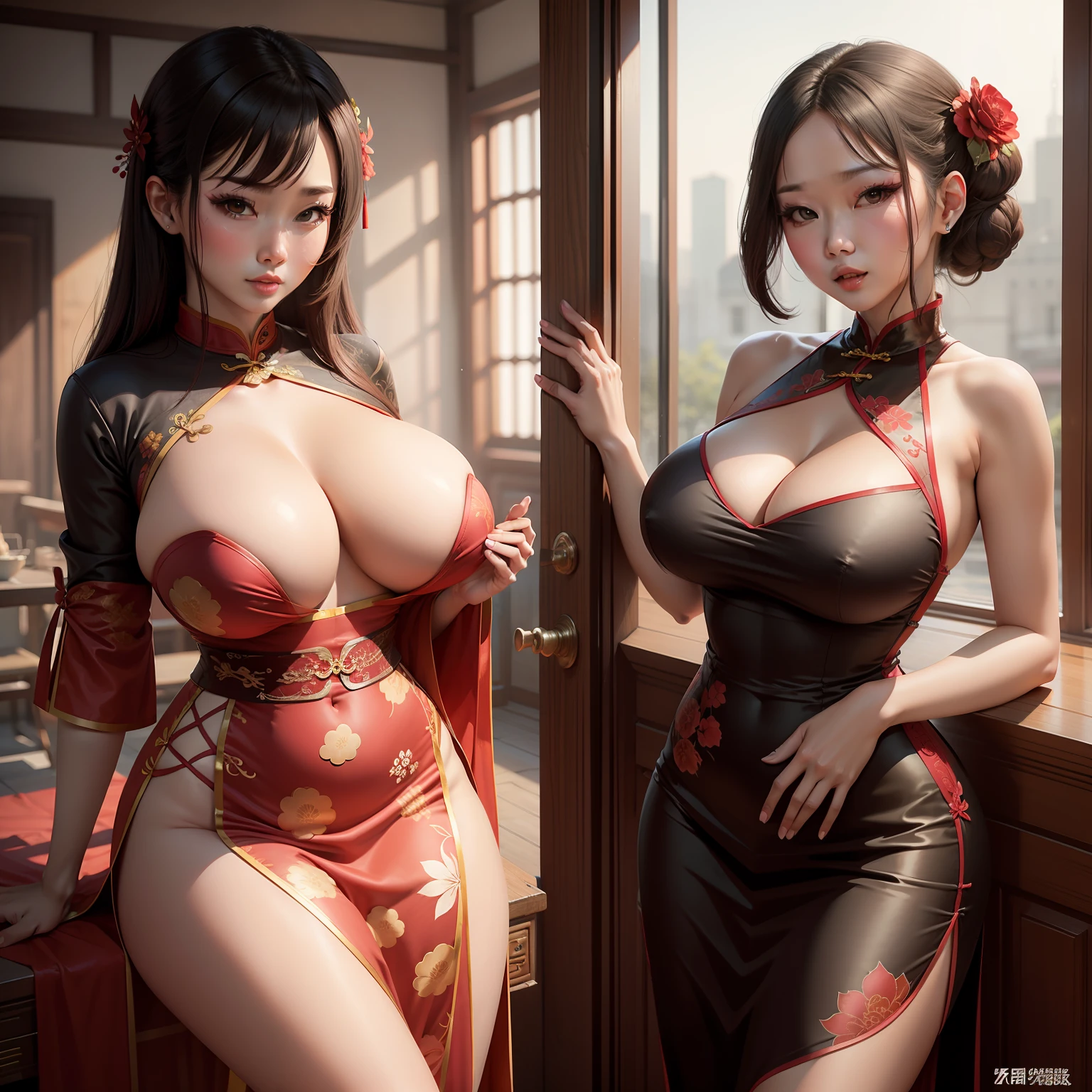 on cheongsam,Raised y,open waist,huge tit