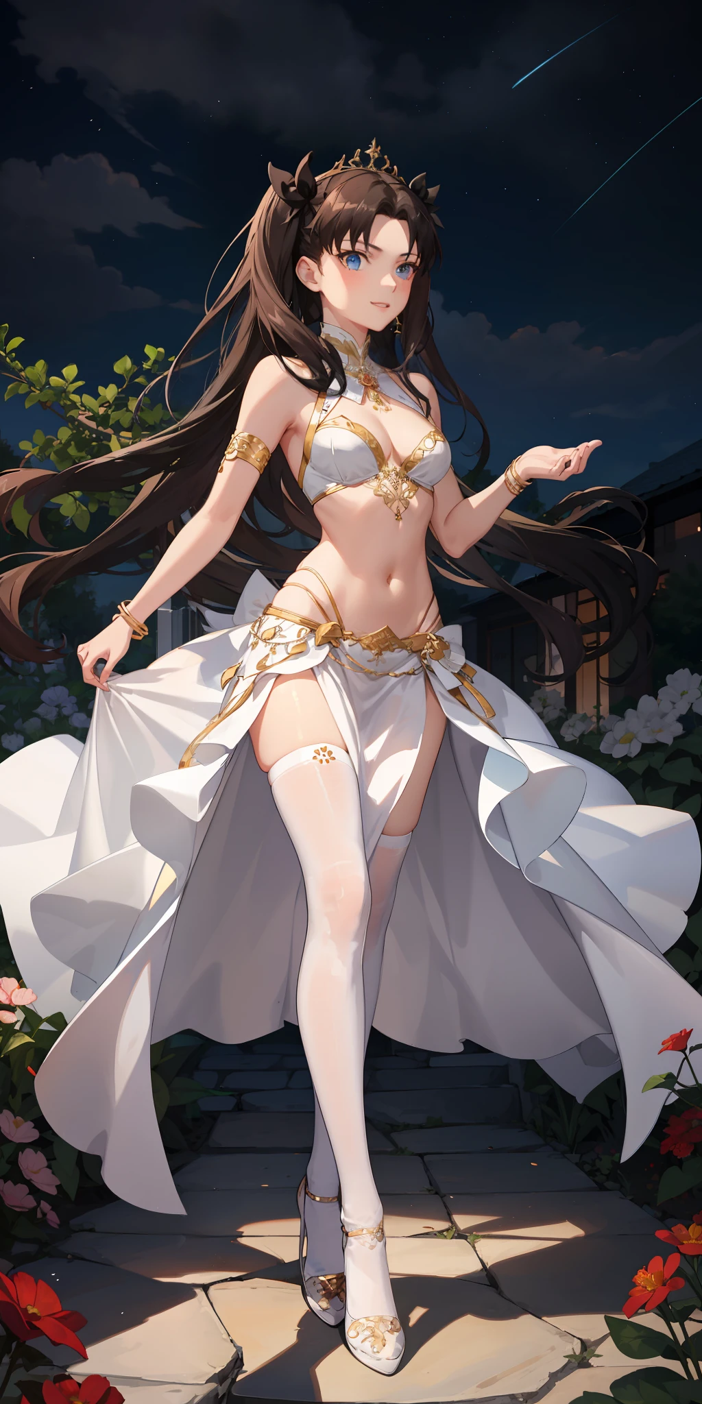 long hair, black hair, medium breast, slim legs, happy, white gown, cleavage, arabian belly dancer , skirt, rin tohsaka, twin tail, navel, garden, night, blue eyes, tiara, standing, thigh high socks