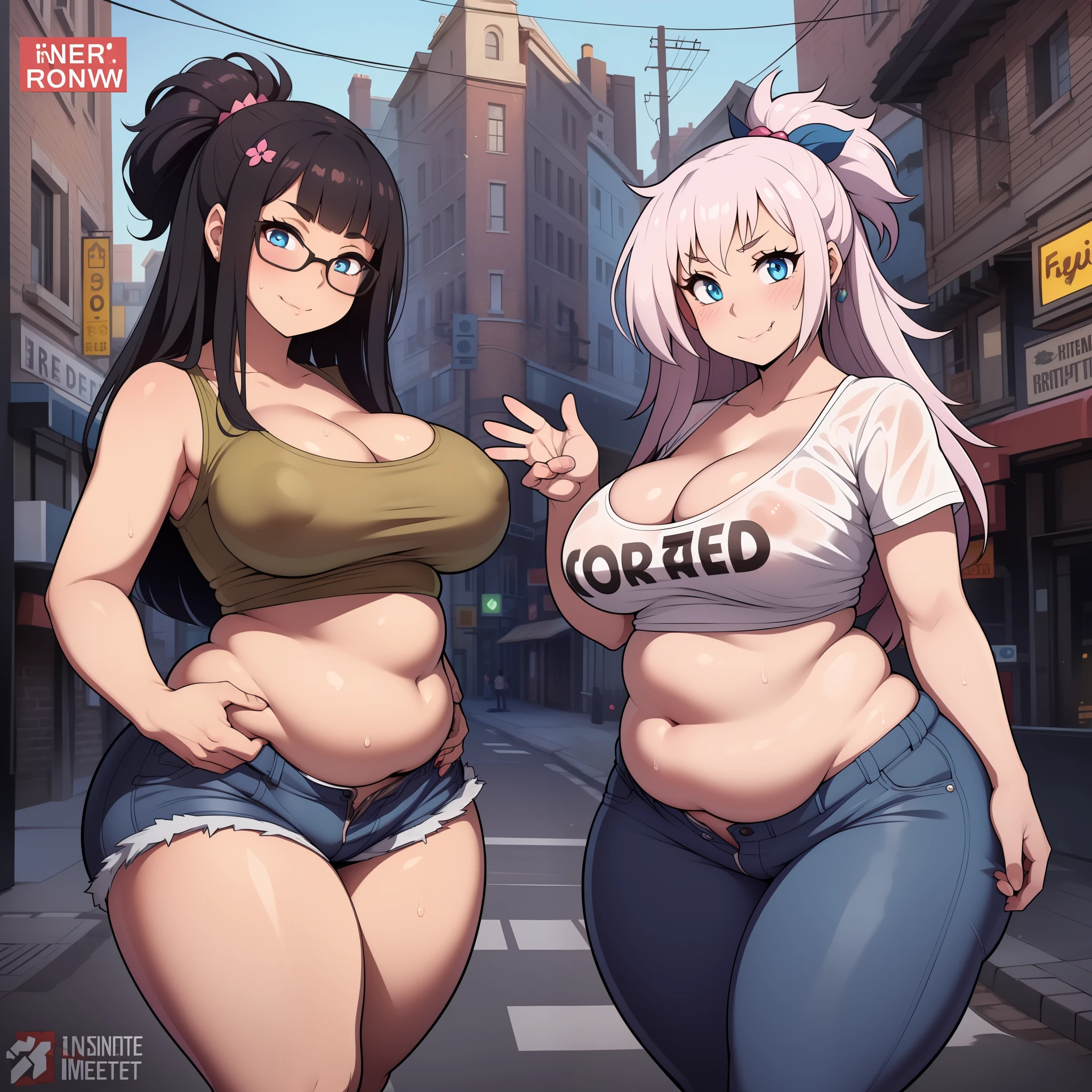 (((kipteitei art))), ((masterpiece)), (((best quality))), ((ultra-detailed)), (((illustration))), detailed face, detailed body, ((2girls)), ((Line art)), (in the style of cell shaded), (vivid colors), , (((fluffy hair))), looking at viewer, cowboy shot, (( )),  smile, , in love with viewer, (blush), tee shirt, one girl in blue jeans, one girl in shorts, wet clothes, wet, ((tight clothes)), town, street, , cleavage, perky , tummy bulge, ((chubby)), fat folds, ((belly hang)), ((belly grab)), soft body, gaining weight, (((wide ))), (((thick thighs))), 2 girls standing next to each other, one girl is grabbing the other girls belly, fondling,