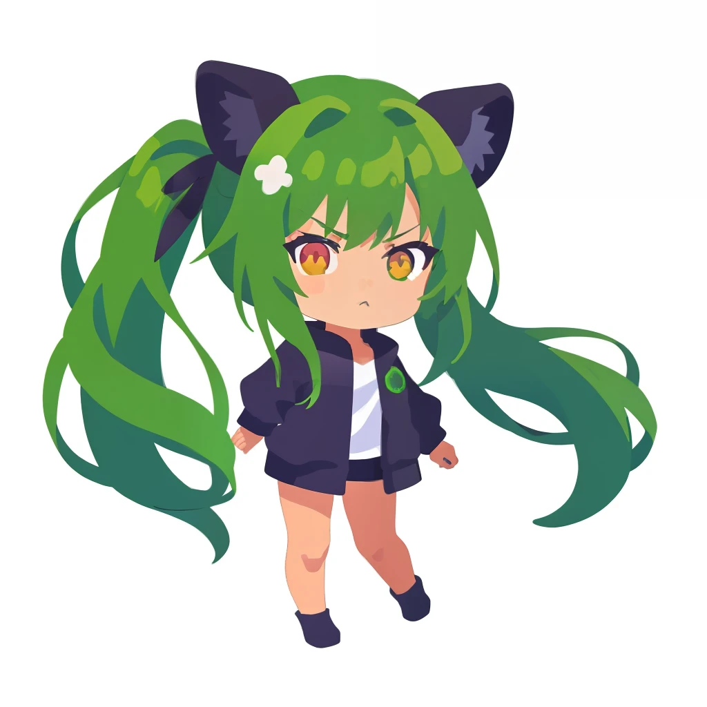 超A high resolution, nffsw, Best aesthetic, Best Quality, masutepiece, ik1、Full body depiction, troubled look、Arms crossed, 1girl in、Jade-colored jacket、cartoon bone、Green Hair Anime Girl, flat anime style,  Black cat ears, Anime girl with black cat ears, digital anime illustration,  Plain white background