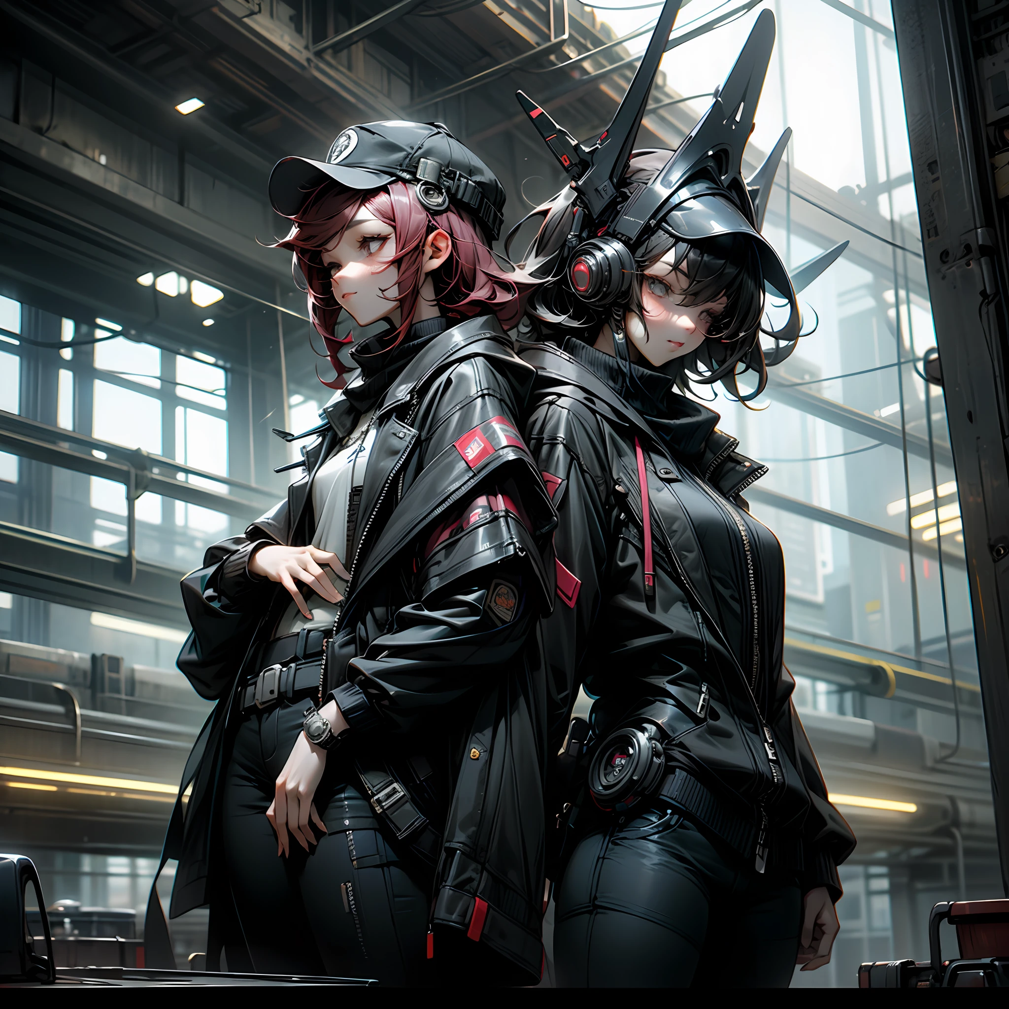 Beautiful woman medium hair, wearing cap, cyberpunk style short clothes --auto