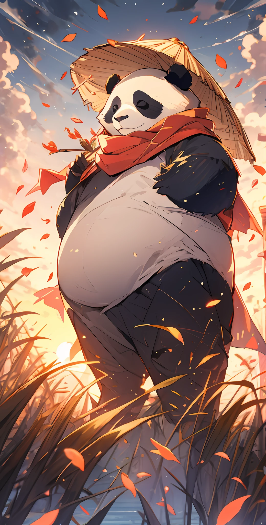 MG xiongmao,1 a chubby panda,sky,cloud,outdoors,solo,hat,furry,grass,leaf,closed eyes,cloudy sky,petals,standing,scarf,no humans,Moon,at the bottom of the water,Bubble,