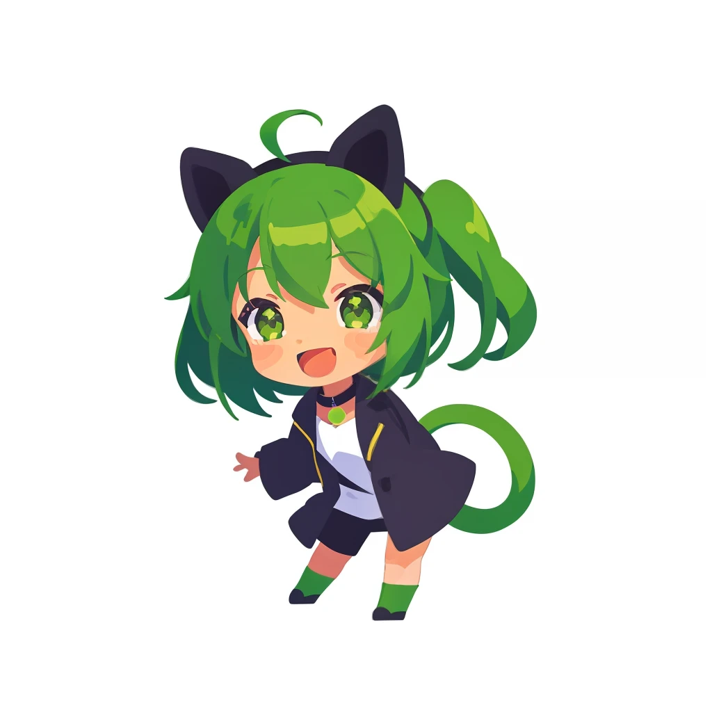 超A high resolution, nffsw, Best aesthetic, Best Quality, masutepiece, ik1、Full body depiction, Laughing、1girl in、Jade-colored jacket、cartoon bone、Green Hair Anime Girl, flat anime style, Black cat ears, Anime girl with black cat ears, digital anime illustration, Plain white background