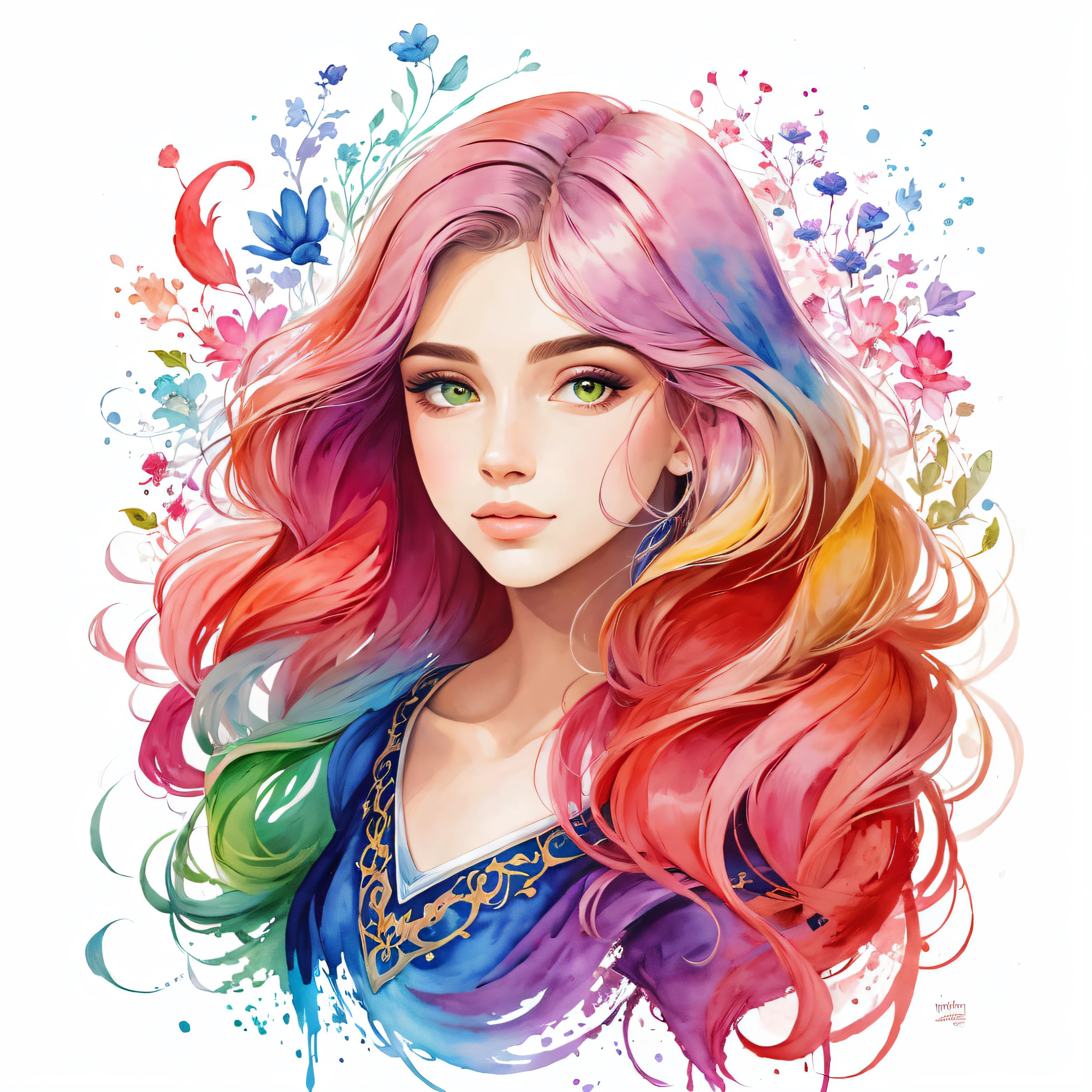pintura de uma mulher com cabelo colorido e uma coroa, full color illustration, a beautiful artwork illustration, full color illustration, beautiful digital illustration, exquisite digital illustration, pintado em aquarelas brilhantes, linda arte digital linda, retrato bonito da fantasia, lindo arte digital, aquarela artstyle, retrato bonito da arte da fantasia, desenho colorido, arte colorida, colorful sketch, arte detalhada em aquarela
