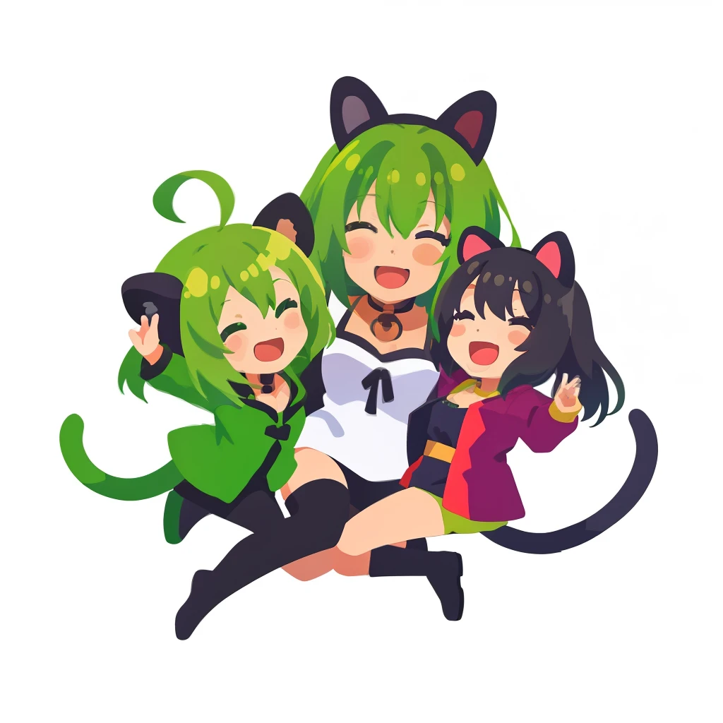 超A high resolution, nffsw, Best aesthetic, Best Quality, masutepiece, ik1、Full body depiction, Laughing、1girl in、Jade-colored jacket、cartoon bone、Green Hair Anime Girl, flat anime style,  Black cat ears, Anime girl with black cat ears, digital anime illustration,  Plain white background