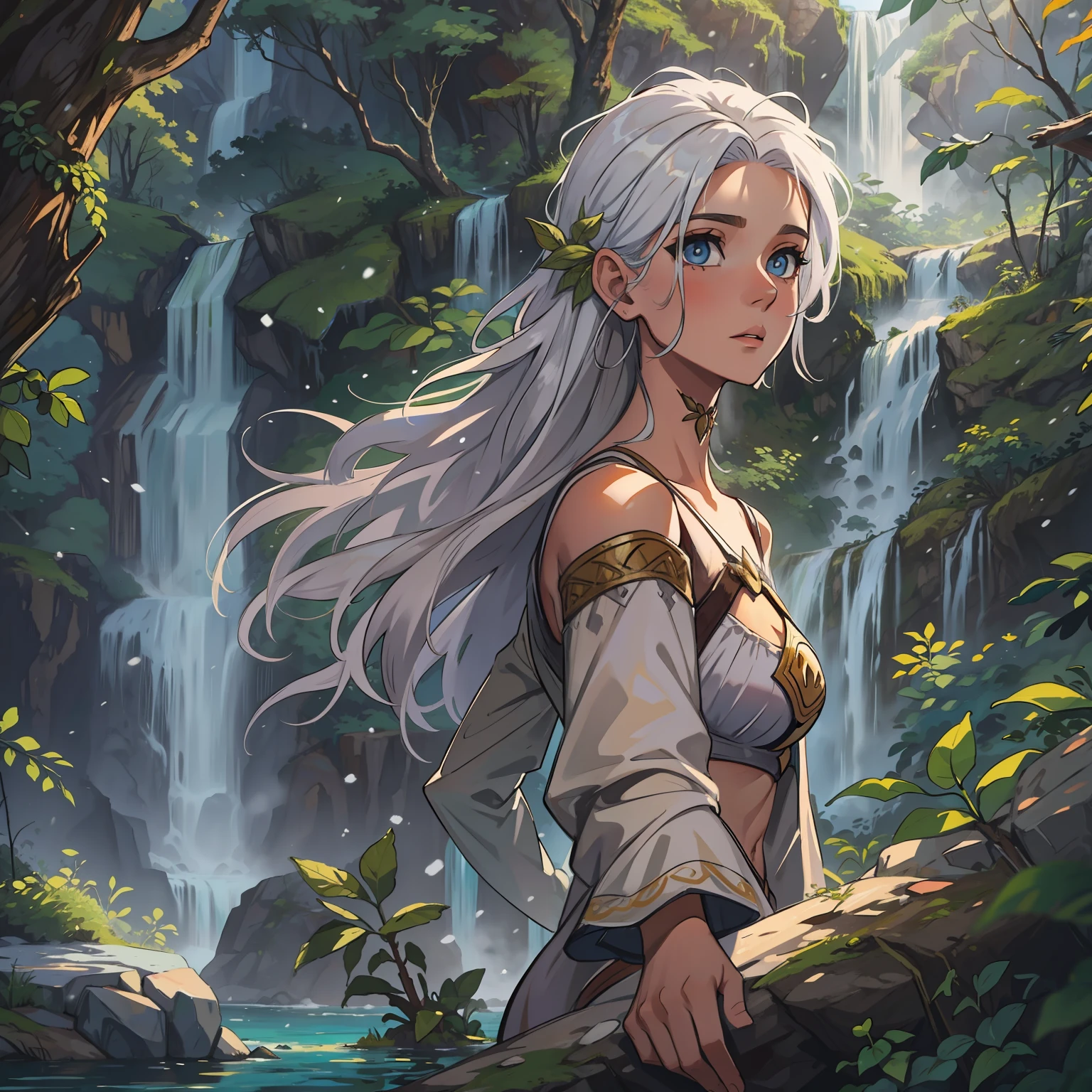 uma linda mulher, cabelos brancos, seios pequenos e olhos azuis, She is white as snow and is wearing short swimsuits, wild clothes of the forest people of the medieval era in the middle of a paradisiacal waterfall, in a kind of lake in the middle of the forest, A beautiful waterfall in the background in the middle of a natural paradise, uma arte para um RPG medieval, arte medieval para RPG;, ela tem cabelos brancos e um olhar doce, cabelos brancos, white hair
