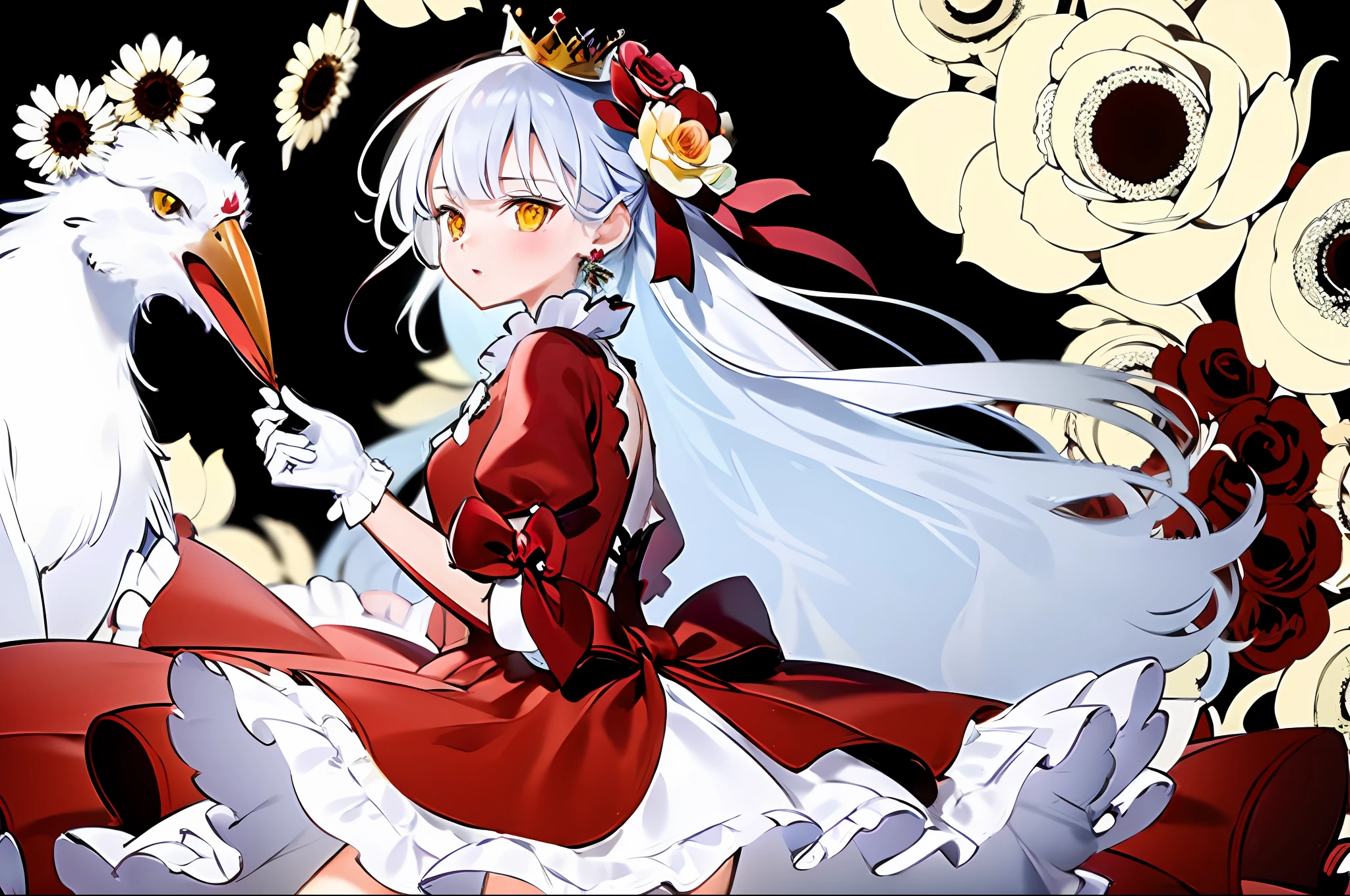 best quality, masterpiece, extremely detailed, detailed background, best quality, masterpiece, extremely detailed, detailed background, 1girl, dress, flower, long hair, ribbon, white dress, white background, red ribbon, hair ornament, rose, bow, crown, red footwear, solo, gloves, jewelry, white gloves, red flower, white flower, red bow, earrings, hair flower, frills, frilled dress, simple background, food, bouquet, looking at viewer, white hair, high heels, yellow eyes, bird, fruit, red rose, cup, blush, bangs, close up