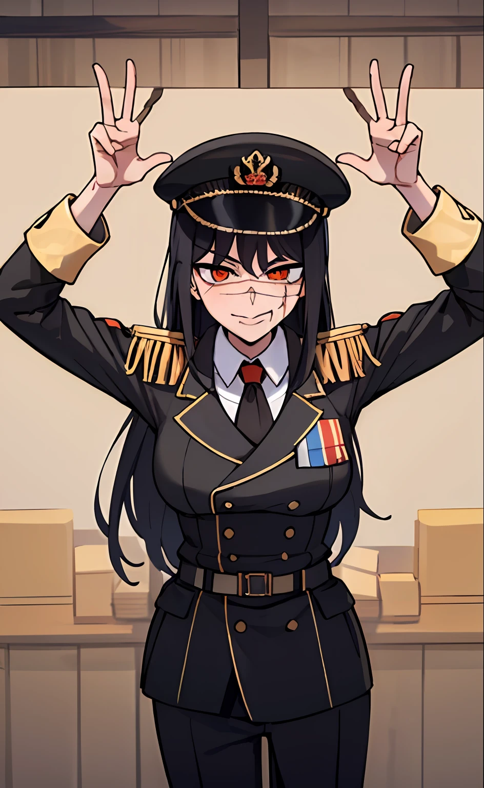 (masterpiece, best quality: 1.2), Solo, 1girl, Yoru \(Chainsaw Man\), looking at the viewer, different poses, red eye, long hair, completely black hair, reference to clothing of a German WWII general, black long sleeves (best quality), scar on face, beautiful eyes, has only 2 arms, has war medals on his clothes, Black Military Cap, Golden Eagle Medal on Clothing,  (Wallpaper), (8K HD), (8K HD), Golden Shoulder Pads, Sprites, 1 Single Design (masterpiece, best quality: 1.2), Solo, 1girl, Yoru \(Chainsaw Man\), looking at the viewer, smile, happy, different poses, red eye, long hair, completely black hair, reference to clothing of a German WWII general, black long sleeves (best quality), scar on face,  beautiful eyes, has only 2 arms, has war medals on his clothes, black military cap, golden eagle medal on clothing, (wallpaper), (8K HD), (8K HD), (8K HD), golden shoulder pads, sprites, 1 single design