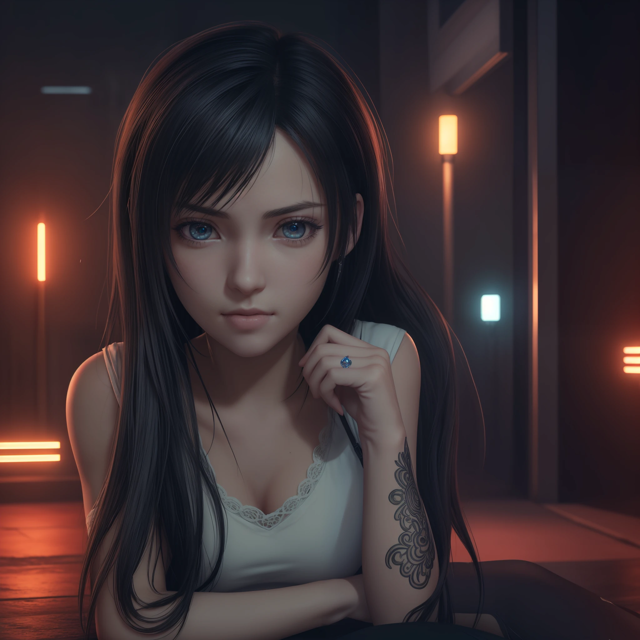 Photorealistic,Realistic illustration in Manga style,((Masterpiece)),((Best quality)),((Ultra detailed)),((only)),((Perfect anatomy)),((Perfect hands)),Cute_face,Exceptionally Beauty Waifu Tifa Lockhart Final Fantasy 7 Remake,in a beautiful cosplay of Schoolgirl uniform of Princess with heart lace and glowing crystals,black socks,light-red_eyes,wavy hair,eyeliner,Cute Makeup,with looking with lovingly,((Perfect Detailed Eyes)),in a Cyberpunk City with neon lights,rainy outside,night,((Extremely CG Unity 8K Wallpaper)),Intricate Detailing,Extremely beautiful and aesthetic,Octane Rendering,Full Body Portrait,damp skin,((Perfect Detailed Body)),