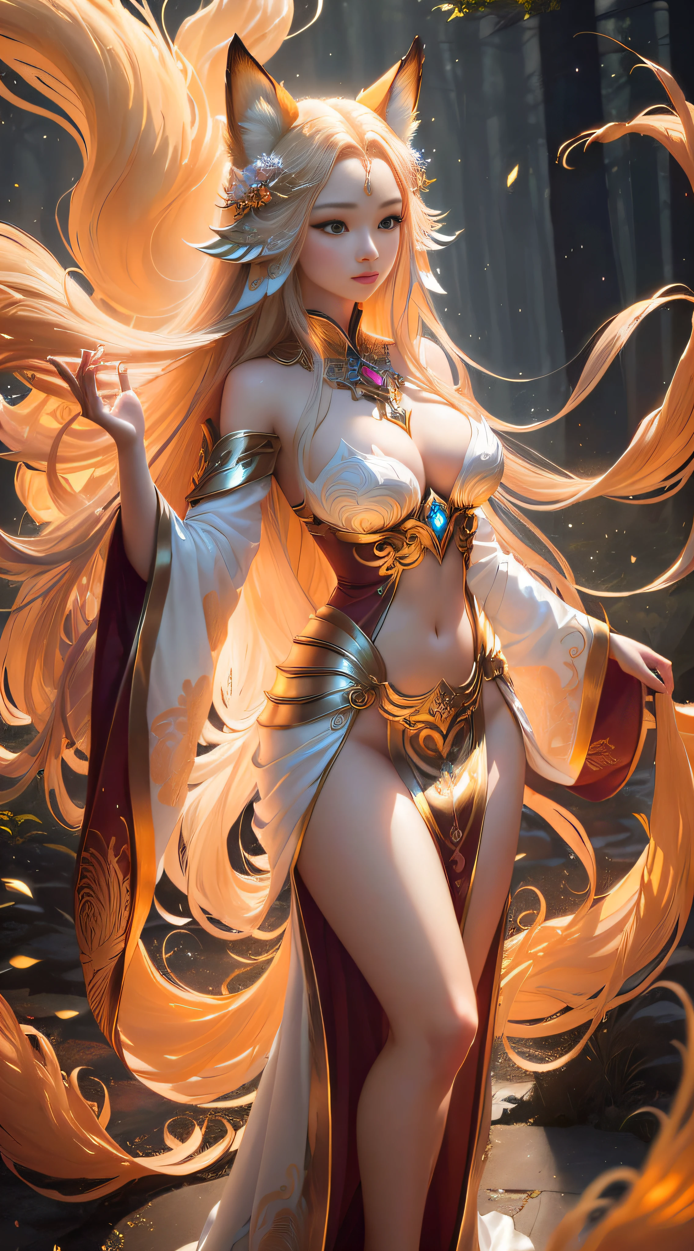 In this breathtaking masterpiece, a hyper-realistic image comes to life, showcasing the ultimate nine-tailed fox girl—a radiant being of otherworldly beauty and power. The artwork embraces hyper maximalism, every inch of the composition bursting with intricate details that captivate the viewer's imagination. The nine-tailed fox girl stands gracefully amidst a mystical forest, her lithe form exuding an air of ethereal elegance. Her long, flowing locks cascade like molten gold, shimmering with an inner glow that hints at her celestial origins. Each strand is meticulously rendered, capturing the play of light as it dances across the silky strands.