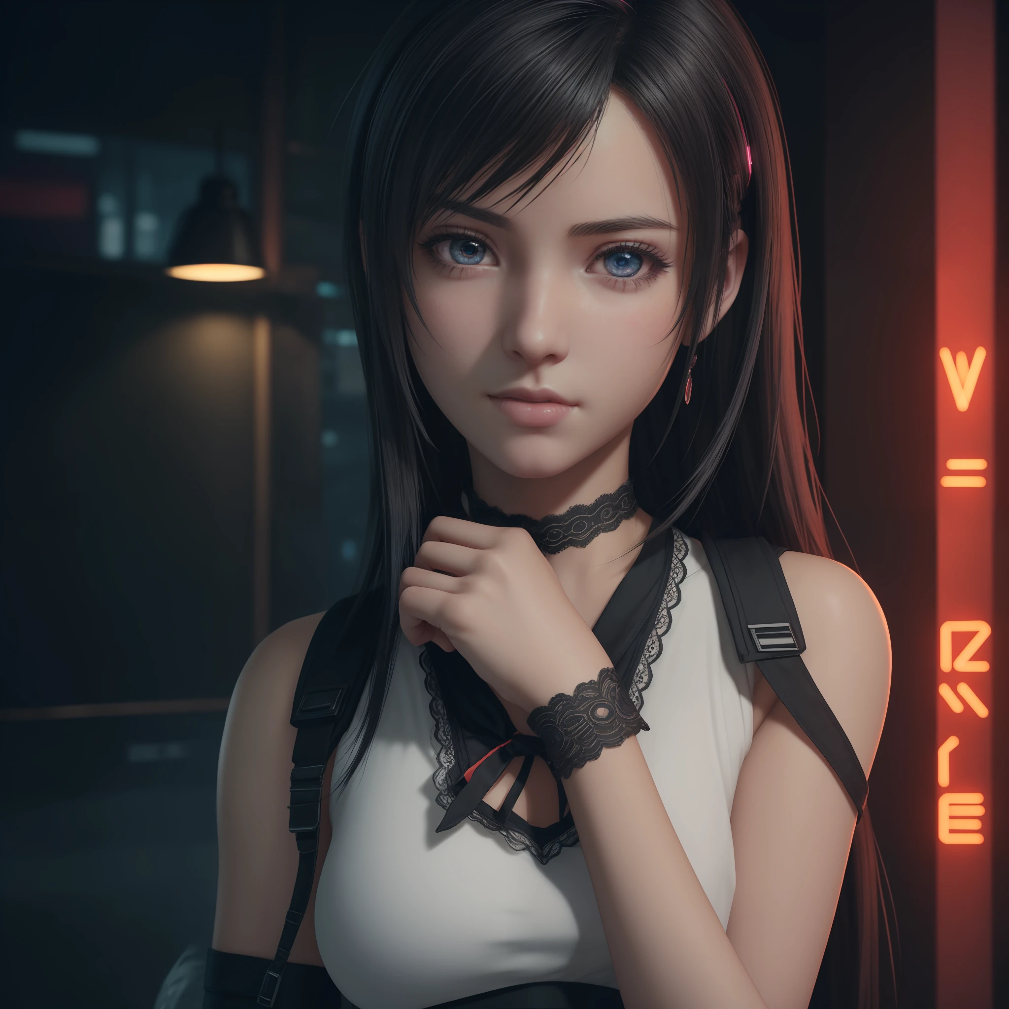 Photorealistic,Realistic illustration in Manga style,((Masterpiece)),((Best quality)),((Ultra detailed)),((only)),((Perfect anatomy)),((Perfect hands)),Cute_face,Exceptionally Beauty Waifu Tifa Lockhart Final Fantasy 7 Remake,in a beautiful cosplay of Schoolgirl uniform of Princess with heart lace and glowing crystals,black socks,light-red_eyes,wavy hair,eyeliner,Cute Makeup,with looking with lovingly,((Perfect Detailed Eyes)),in a Cyberpunk City with neon lights,rainy outside,night,((Extremely CG Unity 8K Wallpaper)),Intricate Detailing,Extremely beautiful and aesthetic,Octane Rendering,Full Body Portrait,damp skin,((Perfect Detailed Body)),