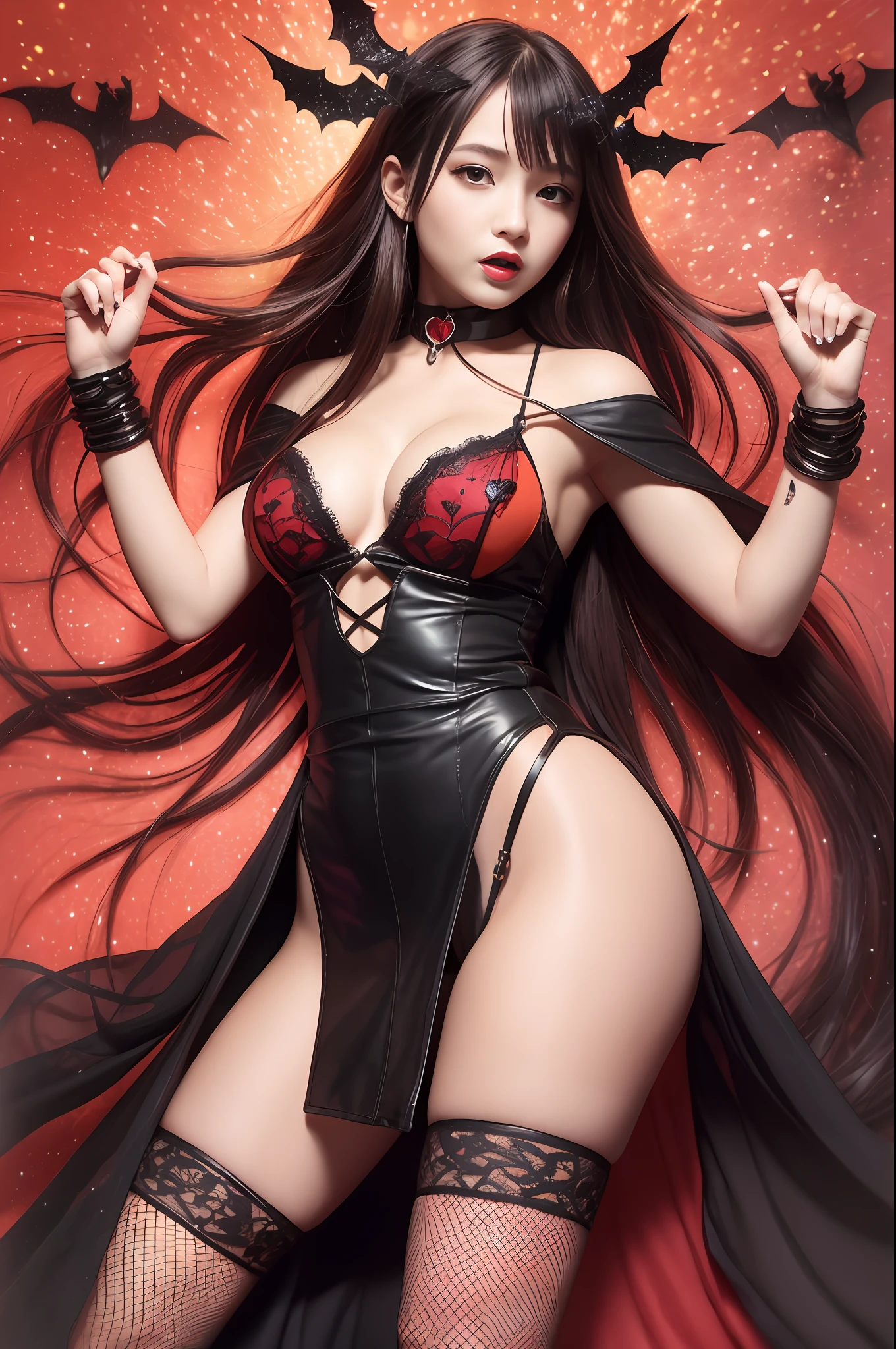 portrait of a full body、top-quality、hight resolution、Best Shadow、Red flames on moonlit forest background、Dark Fantasy、Japan Idols、Beautiful vampire girl、Red mouth、Beautiful fangs、Lonely face that captivates small beautiful viewers、Big red eyes、Black Lace Fabric Dress、a red choker、red bracelets、Red high heels、fishnet tights、beautifull hands、Beautiful Finger、Hourglass body、Colossal tits、spread large black feathers on the back,,A flock of bats、Girl wearing red flame on body、Vampire Fangs、short orange hair