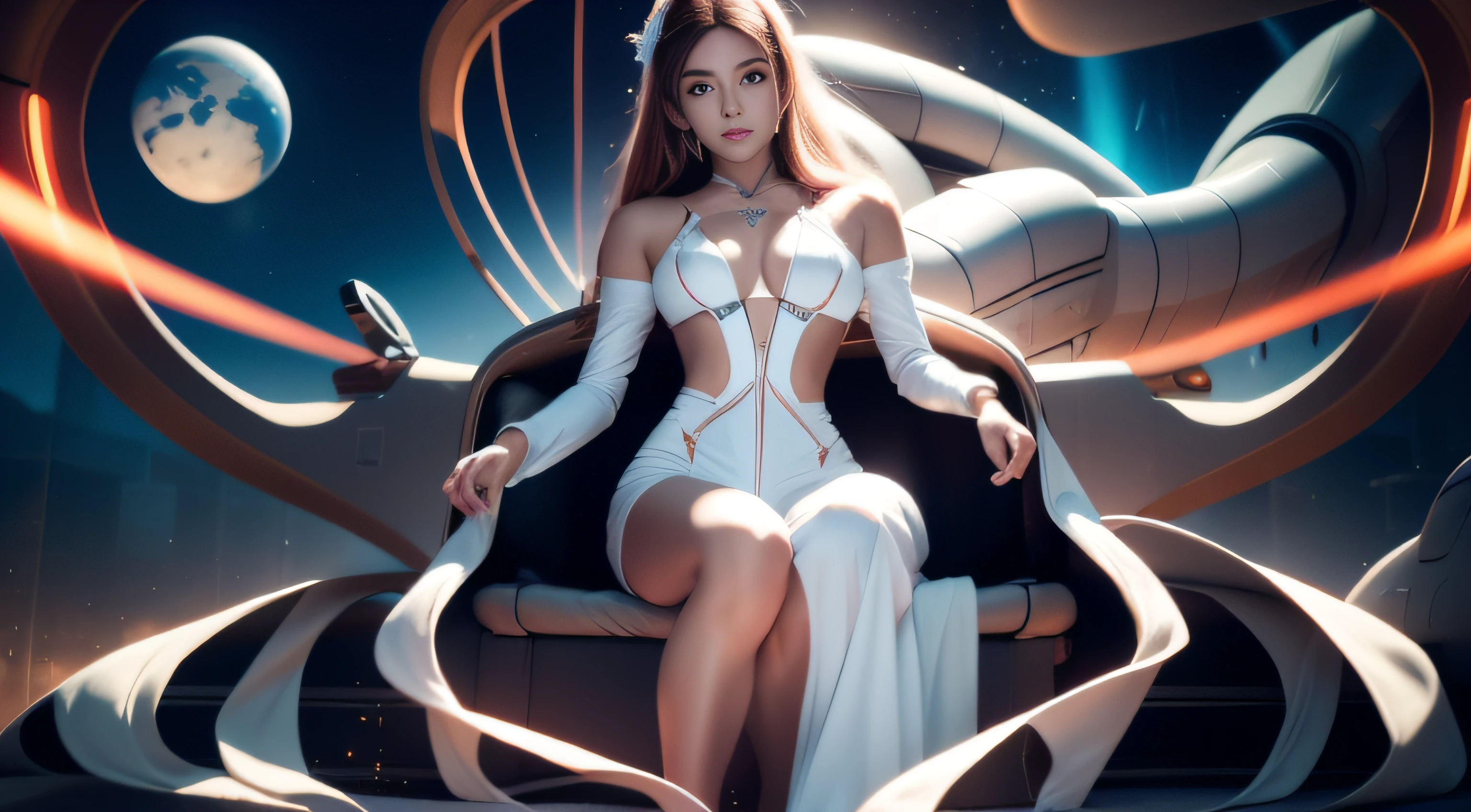 Close-up of a woman sitting on a glowing planet, in the astral plane ) ) ), astral fairy, celestial goddess, goddess of galaxies, cosmic goddess, He has a delicate and beautiful face, elven angel meditating in space, elven spirit meditating in space, Raised sexy,cleavage, goddess of space and time, Astral appearance, magical fairy floating in space, astral ethereal, By Yuumei ,Hold Scorpio with both hands, Virtual Engine 5,Perfect detail rendering,rendering by octane,hyper HD
