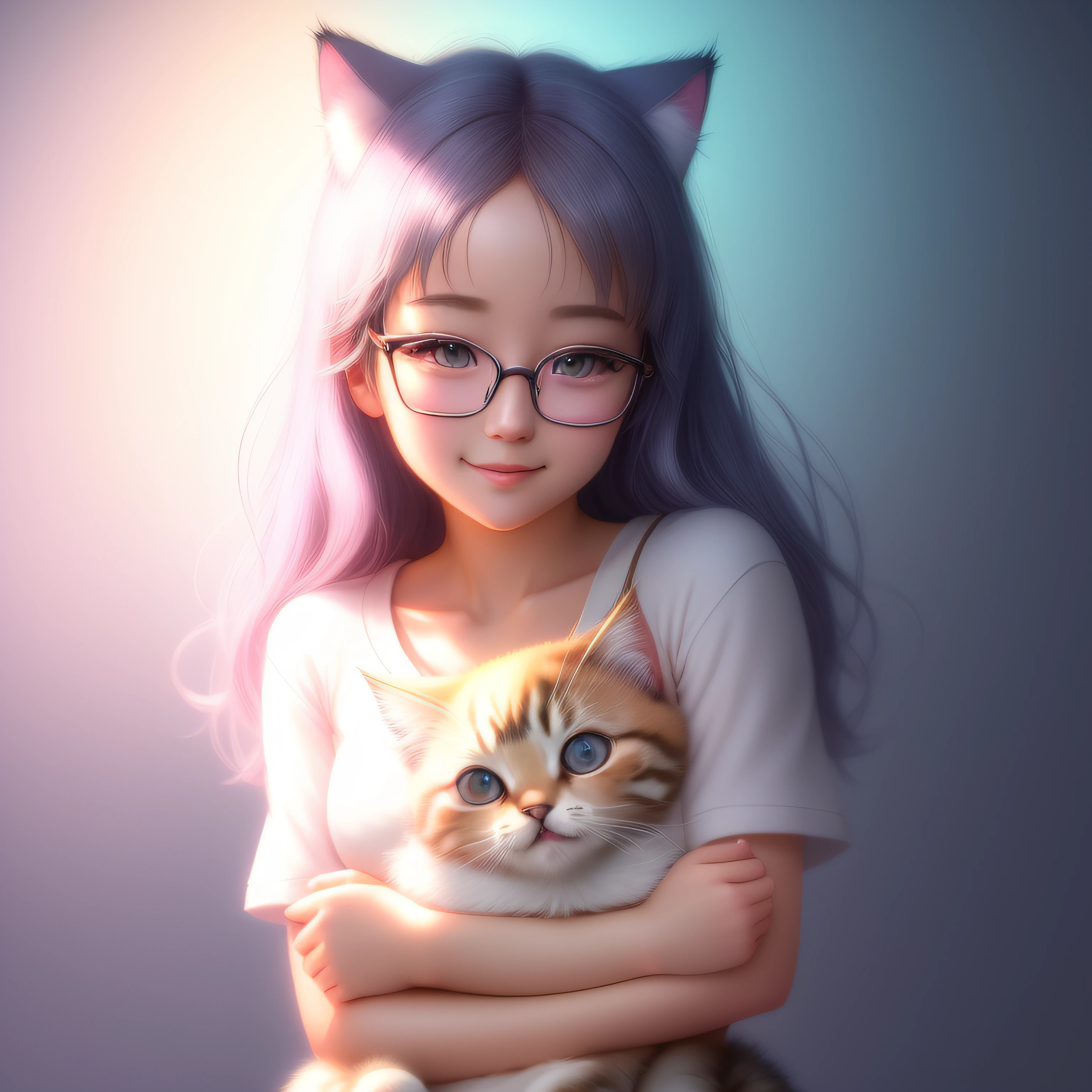 (masterpiece) detailed illustration face of a happy and cuddly kitten, wearing fine elegant glasses, design for t-shirts, Studio Ghibli style, pastel tetradic colors, vector art, light background, cute weird fantasy art, boke-ealting, bokeher, Adobe Illustrator, digital painting, soft slowness, jetio vision, aesthetics, character centric, 4K resolution, photorealistic rendering, using 4D cinema