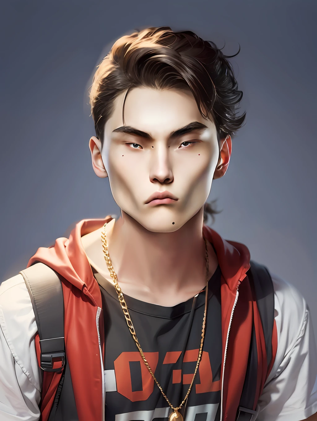 A male high school student,Wearing PC red casual clothes,Medium hair style,With a large gold chain around his neck