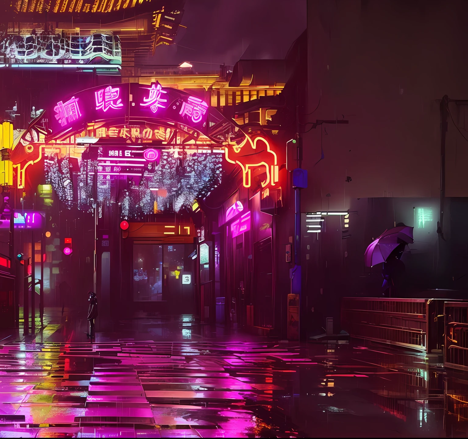 A cyberpunk-style corner of the city,A young girl with an umbrella on a rainy day,Looking down and thinking about something。
