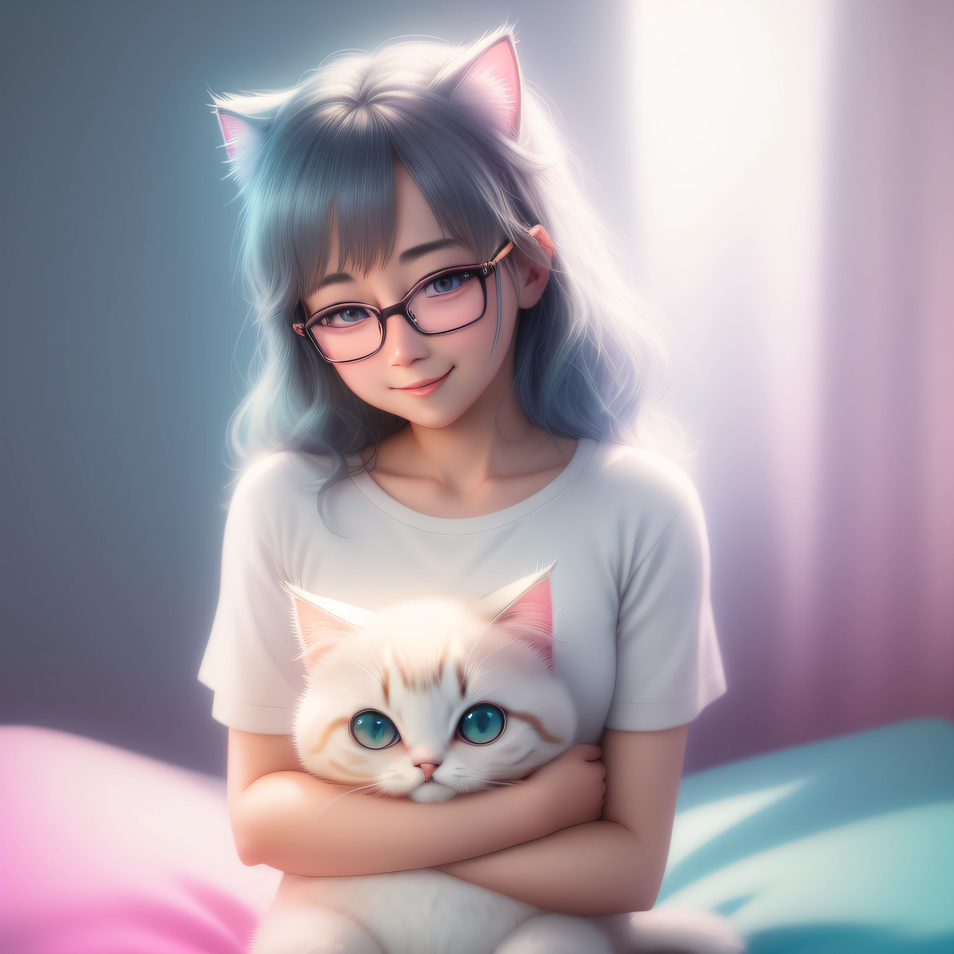 (masterpiece) detailed illustration face of a happy and cuddly kitten, wearing fine elegant glasses, design for t-shirts, Studio Ghibli style, pastel tetradic colors, vector art, light background, cute weird fantasy art, boke-ealting, bokeher, Adobe Illustrator, digital painting, soft slowness, jetio vision, aesthetics, character centric, 4K resolution, photorealistic rendering, using 4D cinema