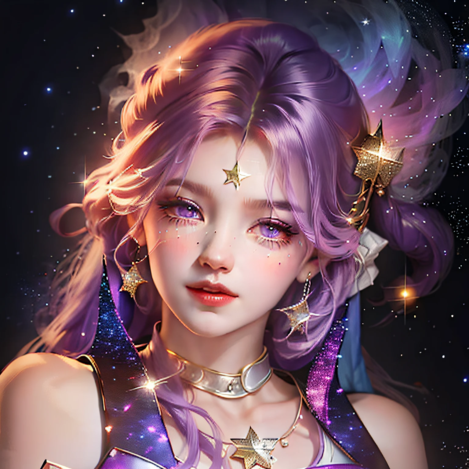 Girl with purple hair,The background is full of stars,The stars sparkle