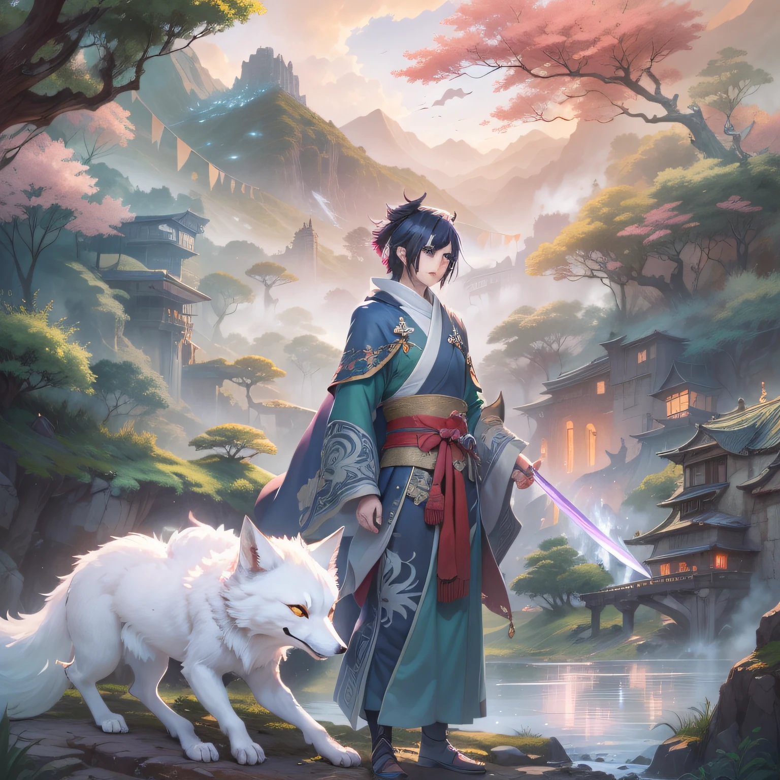 The webnovel cover could be a stunning and mysterious illustration that captures the essence of the world of Zangzhou, highlighting the protagonist and his spirit beast, Fuyuki. Here is a cover description:
Cover Scene:
The cover of the webnovel features a stunning and evocative setting that reflects the world of Zangzhou. The background is filled with a mixture of spiritual and natural landscapes, with majestic mountains, lush valleys and a misty forest. The sky is illuminated by a celestial aurora, with shades of pink and violet that add a magical touch to the scene.
Protagonist and Fuyuki:
In the center of the cover, in the foreground, is the protagonist standing in a determined and confident pose. He wears the traditional garments of a Zangzhou cultivator and carries his spiritual sword at his side. His gaze is directed into the distance, reflecting his experience in facing the challenges that lie ahead.
Beside the protagonist is Fuyuki, the white fox with red stripes. She is on her feet, her tail flowing and her eyes shining with serene wisdom. His presence alongside the protagonist highlights his importance in the journey and a deep partnership between them.
Elements of Cultivation and Spirituality:
To strengthen the elements of cultivation and spirituality, the cape can include alchemical and spiritual symbols that are woven into the setting or around the characters. These symbols can represent different aspects of soul cultivation and connecting to the spiritual realm.
