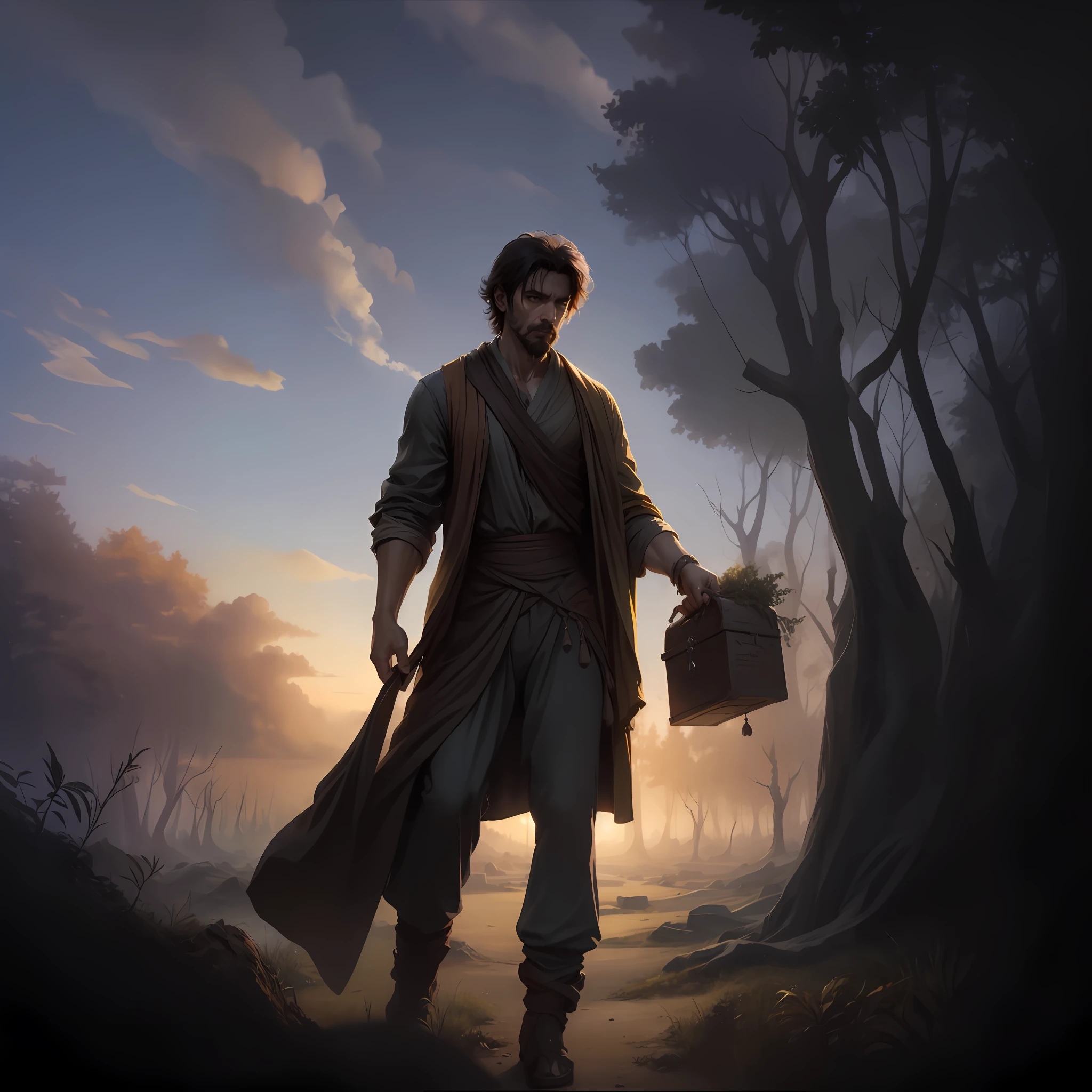 Homem com uma mala e barba andando em uma floresta, fantasy genre portrait, Silvain Sarrailh, portrait of bedouin d&d, Graphic artist Magali Villeneuve, retrato do livro do RPG, full art illustration, Retrato de um aventureiro, inspirado em Johannes Helgeson, Retrato de um mago da floresta, Directed by: Magali Villeneuve