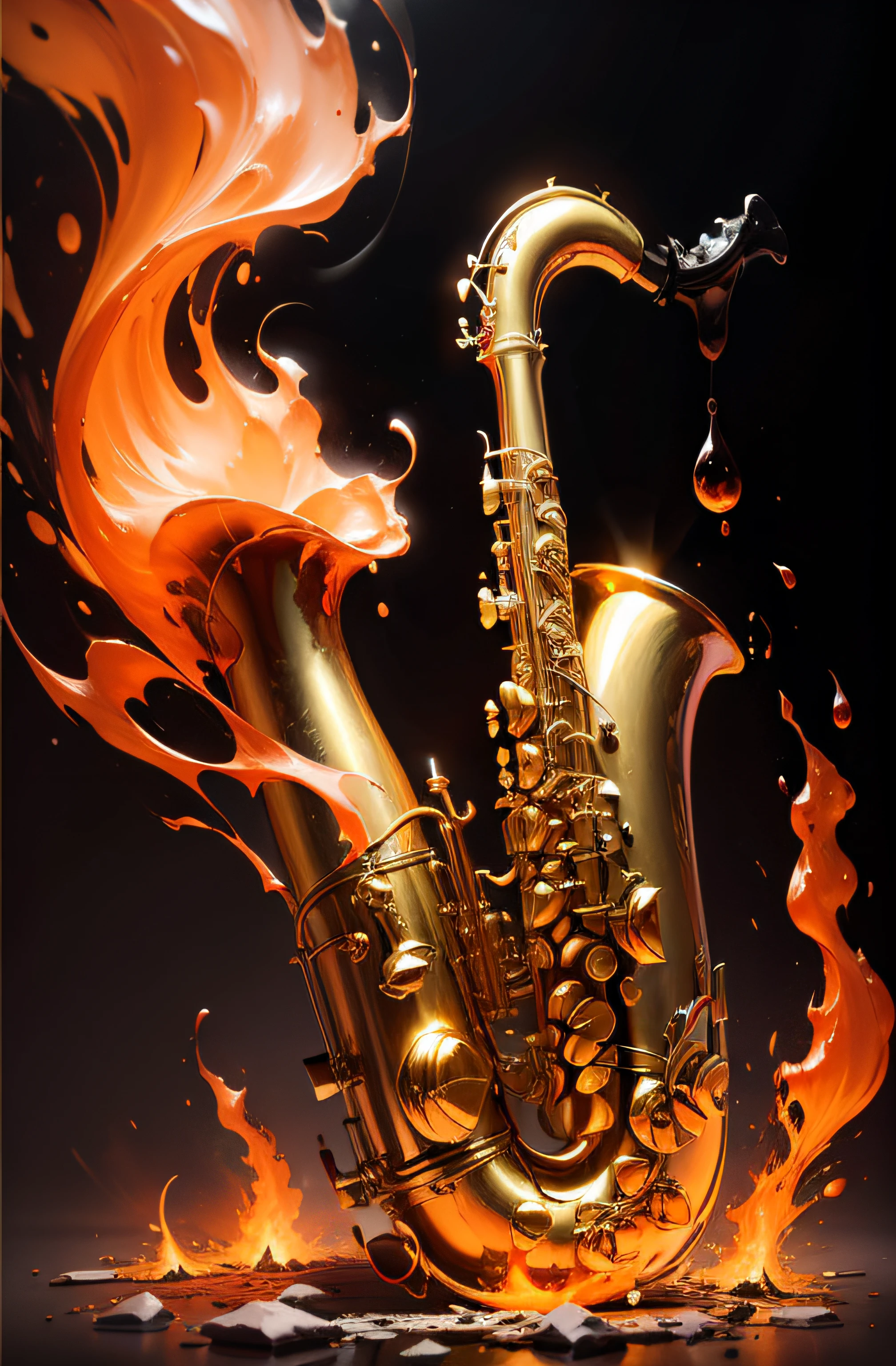 saxophone,super high-quality model, Background of flame burning, Abstract beauty, Explosive volume, oil painted, Heavy strokes, paint drips